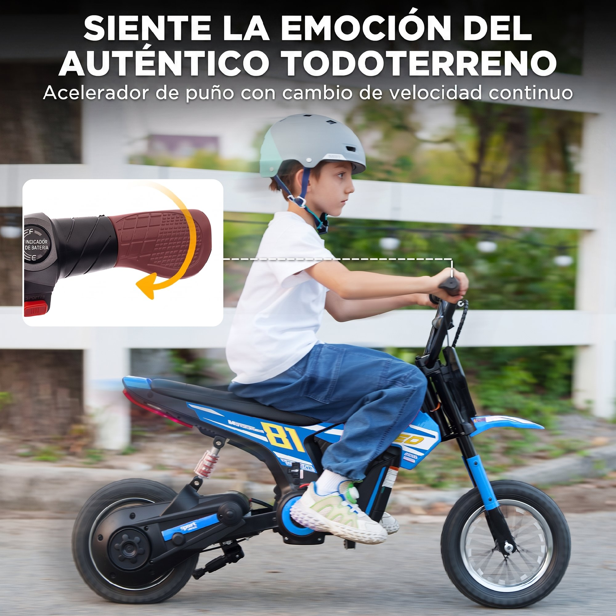 Un niño con casco monta en una minimoto eléctrica azul al aire libre.