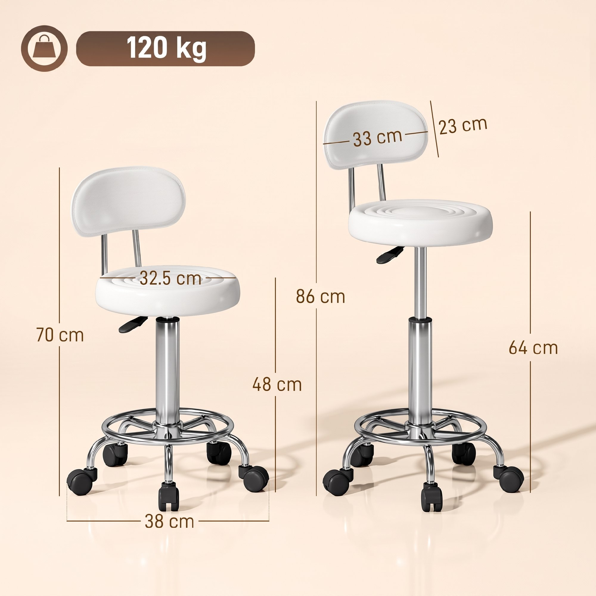 Dos taburetes blancos con ruedas, respaldo y dimensiones sobre fondo beige.