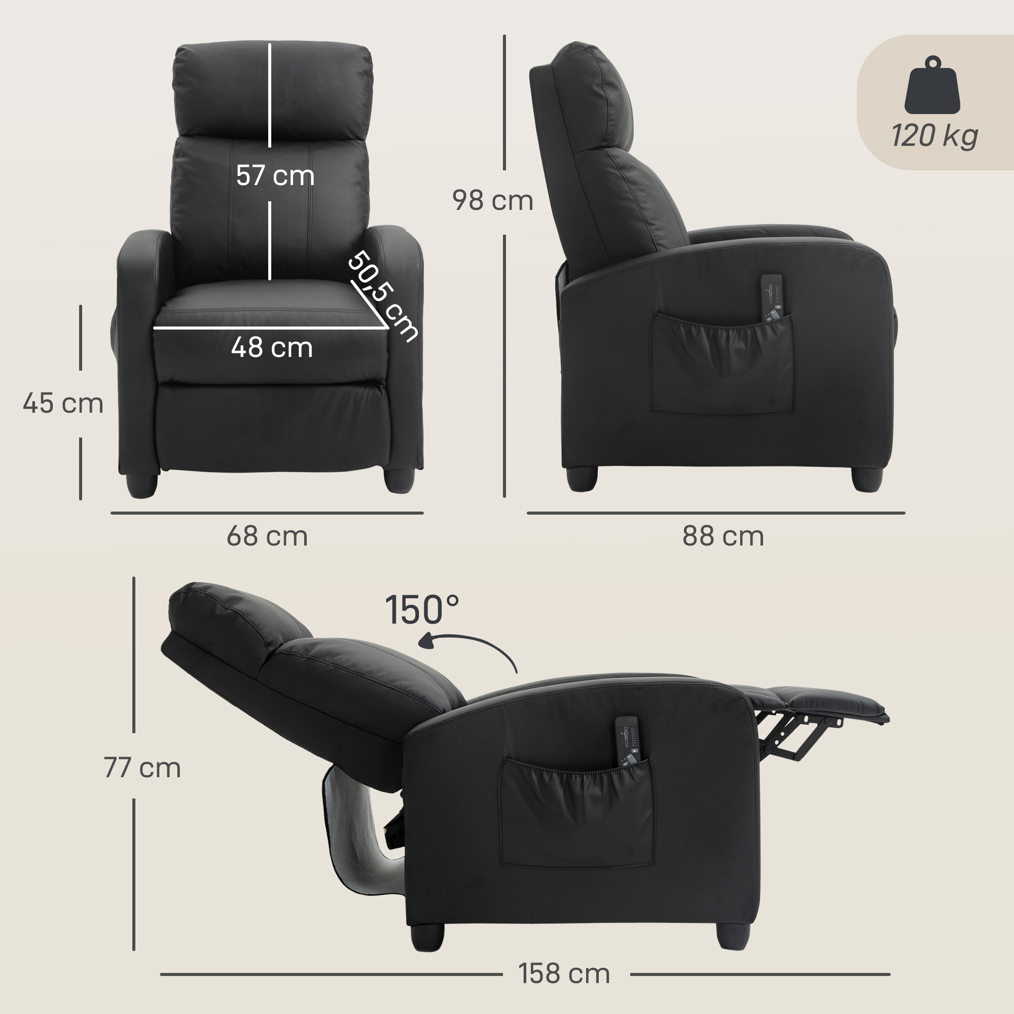 Dibujo técnico que muestra las dimensiones de un sillón de cuero negro desde varios ángulos.