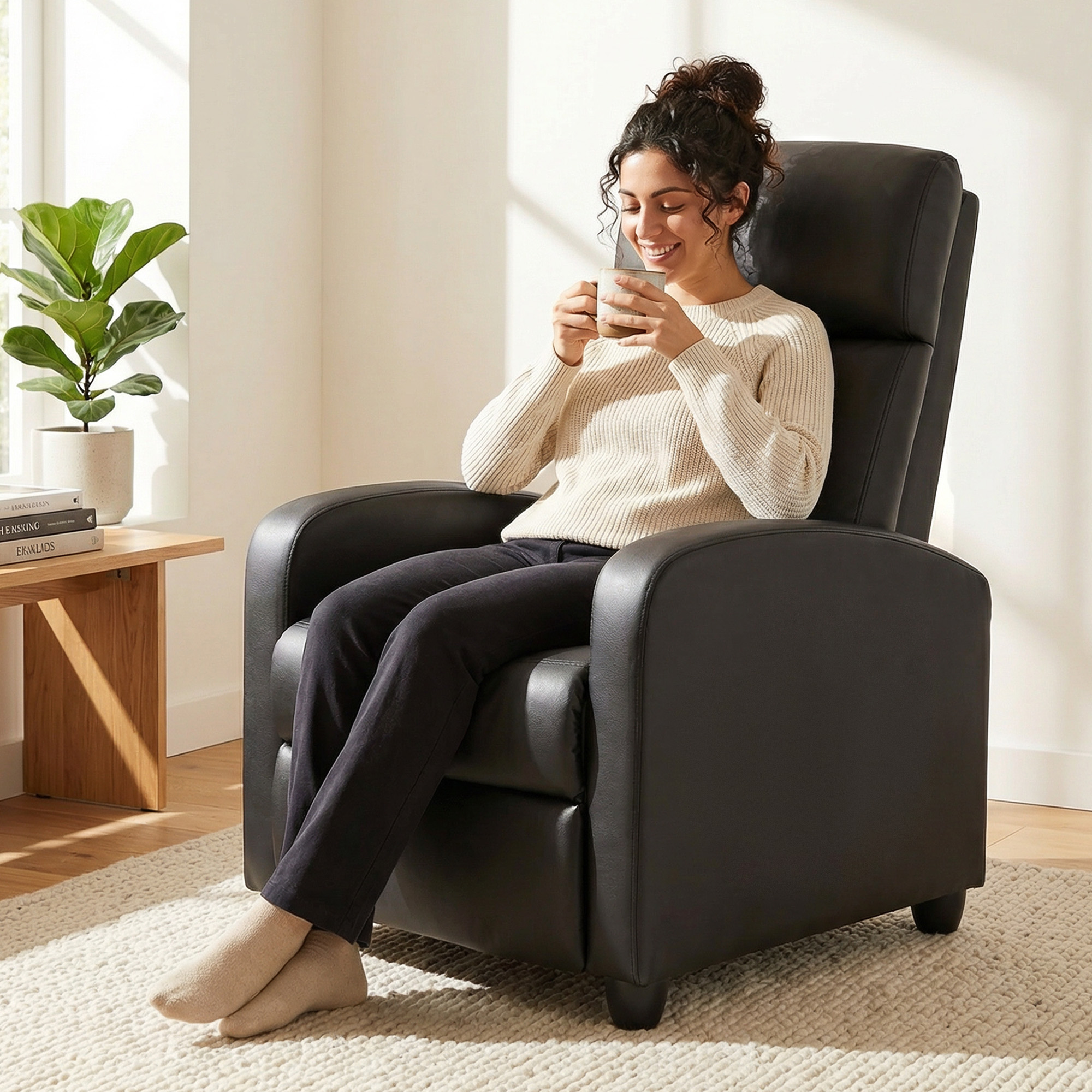 Una mujer en un sillón de cuero negro bebe de una taza en una habitación soleada con una planta.