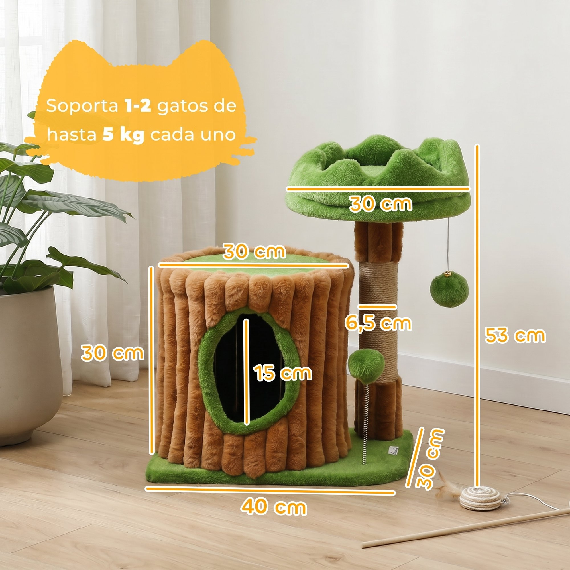 Un rascador para gatos con forma de tronco de árbol, con partes de felpa verde y marrón y medidas.