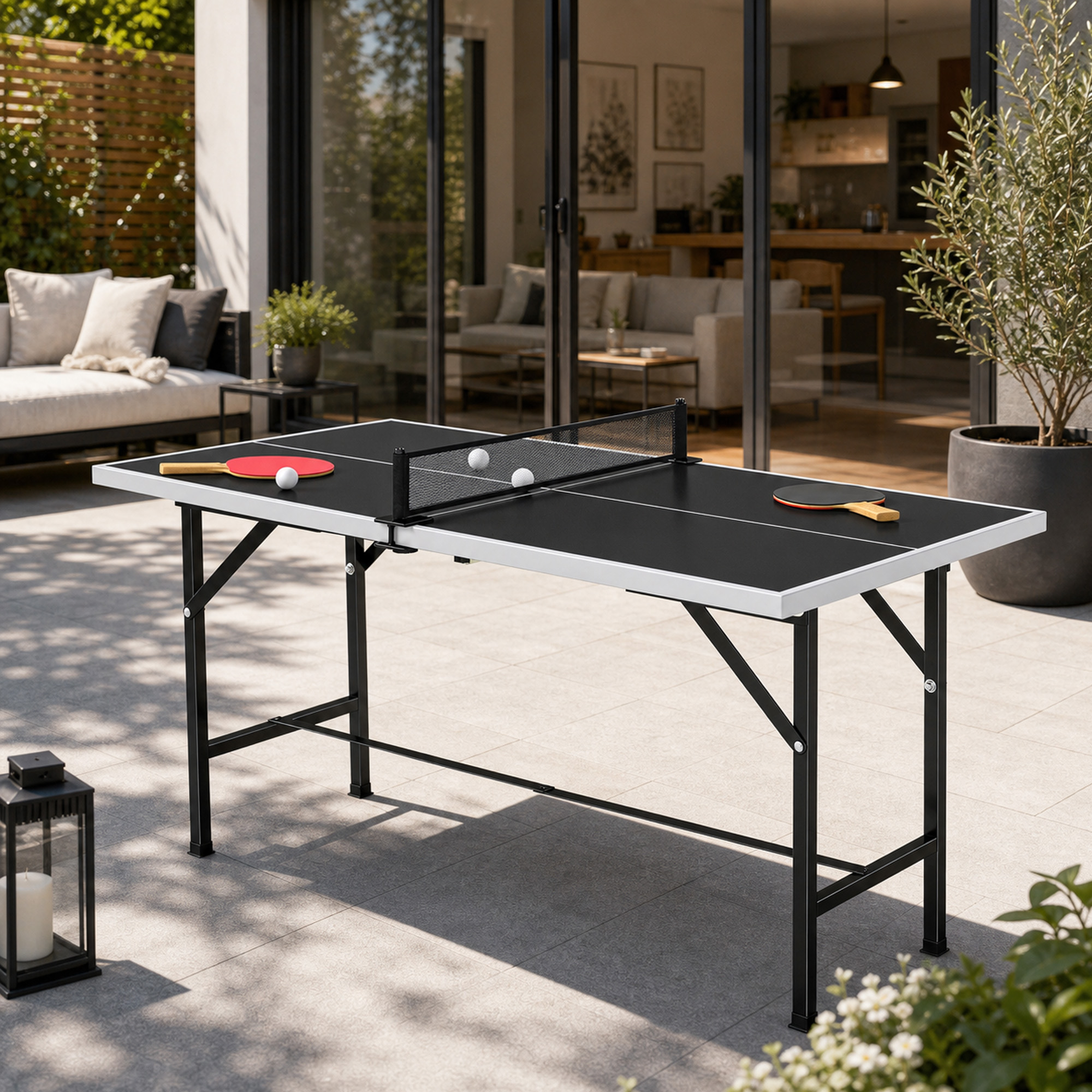 Una mesa de ping-pong negra con palas y pelotas en un patio, con una casa y plantas de fondo.