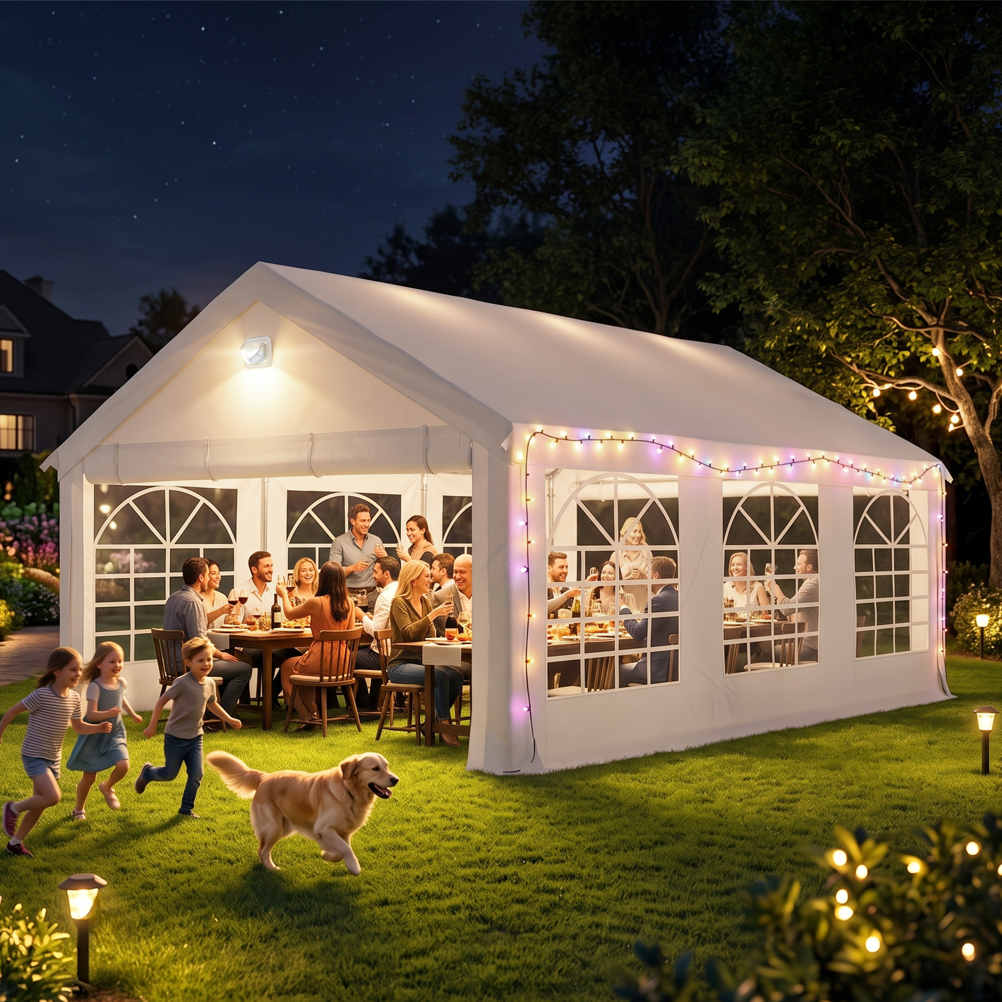 Personas cenando en una carpa de fiesta blanca bien iluminada por la noche, con niños y un perro corriendo en el césped.