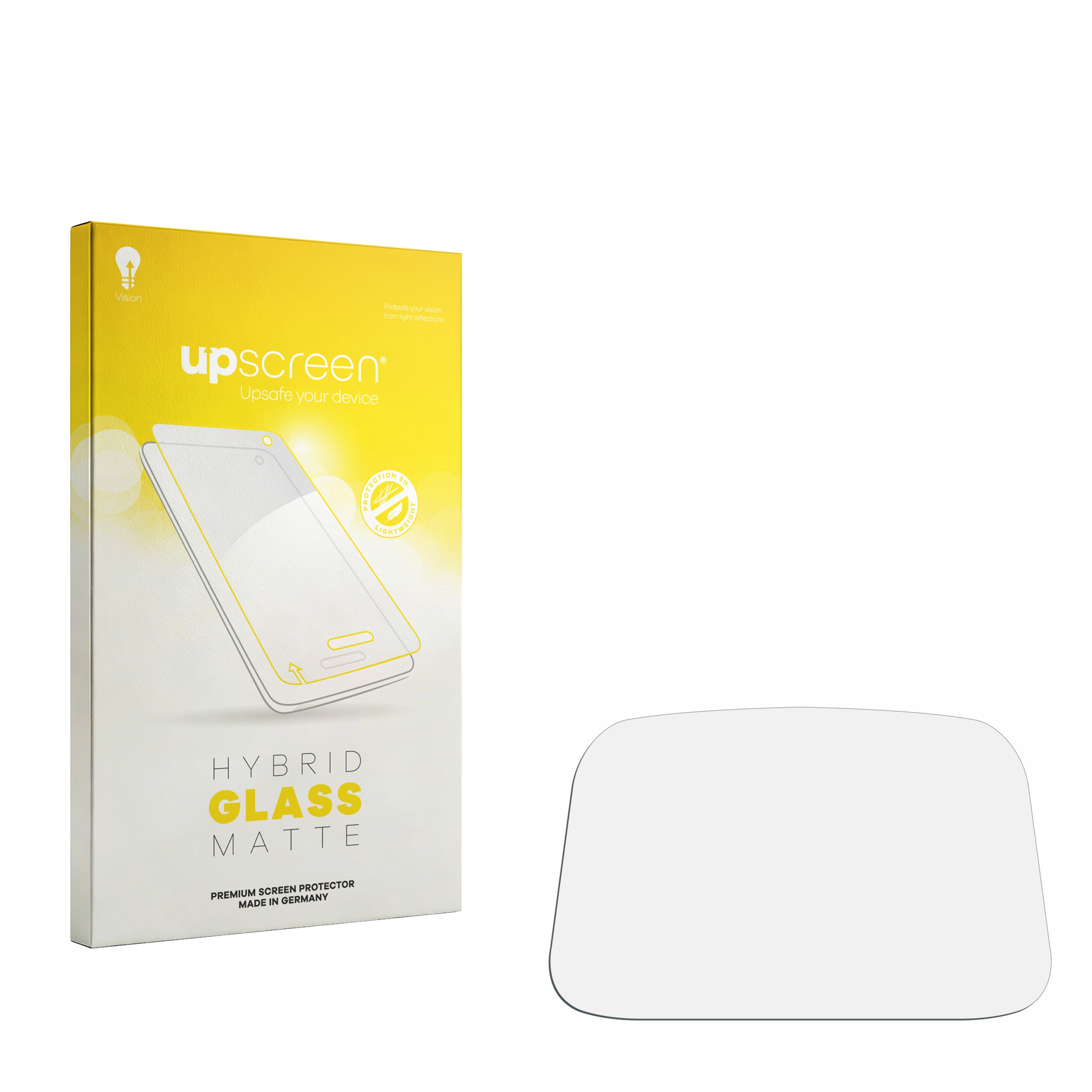 Eine upscreen Hybrid-Glas-Matte-Schutzfolienverpackung mit einer daneben liegenden Schutzfolie.