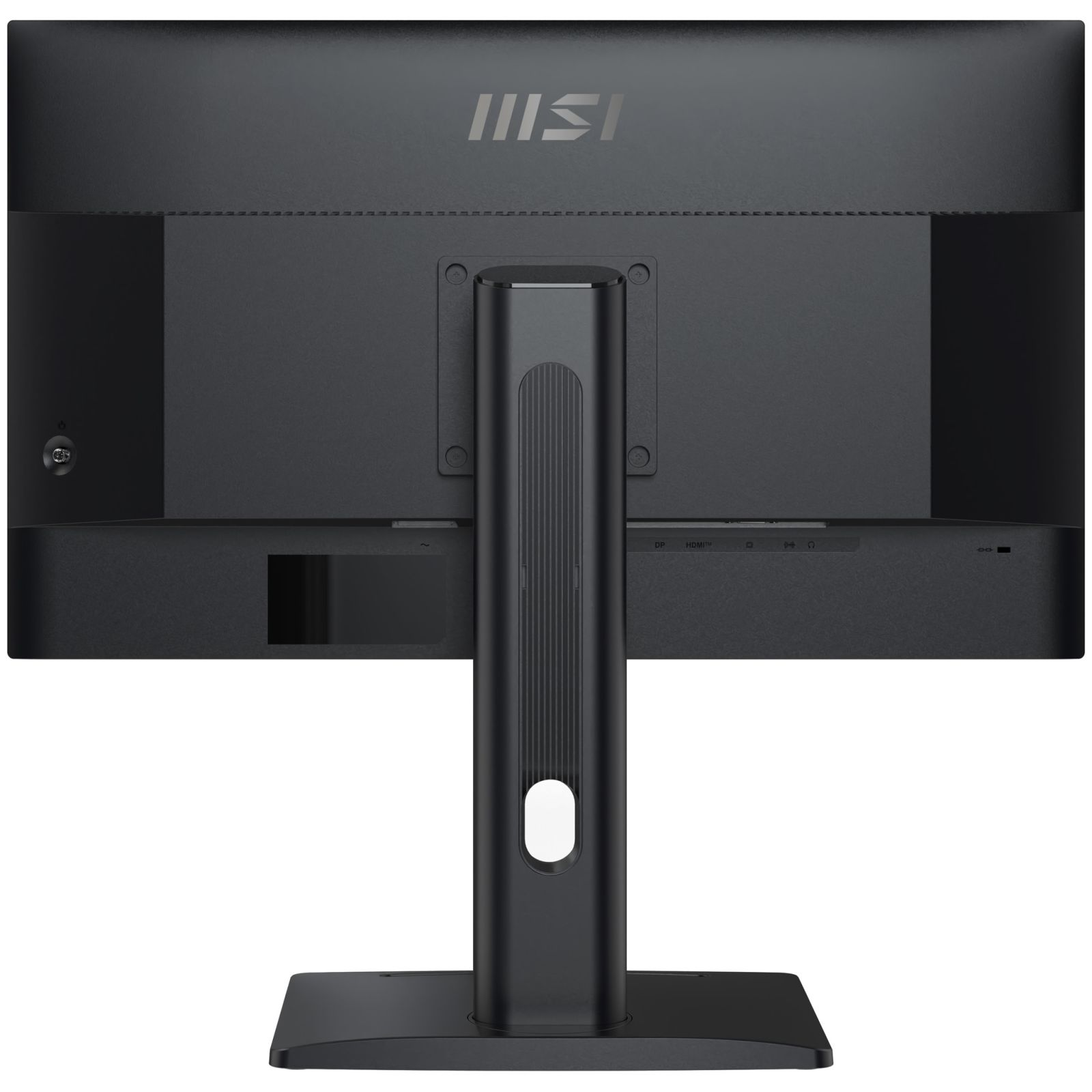 Achterkant van een zwarte MSI-monitor met standaard en MSI-logo bovenop.
