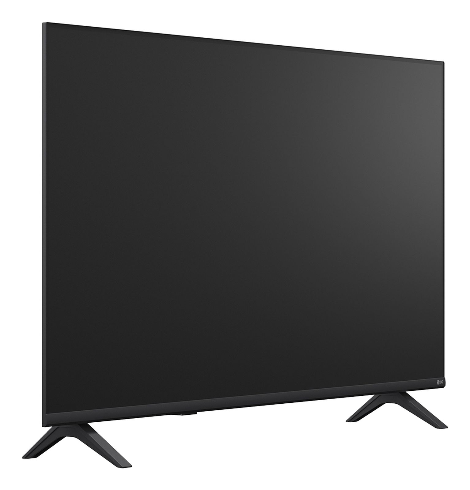 Ein schwarzer Flachbildfernseher steht mit kleinen Füßen auf einer weißen Oberfläche vor hellem Hintergrund.