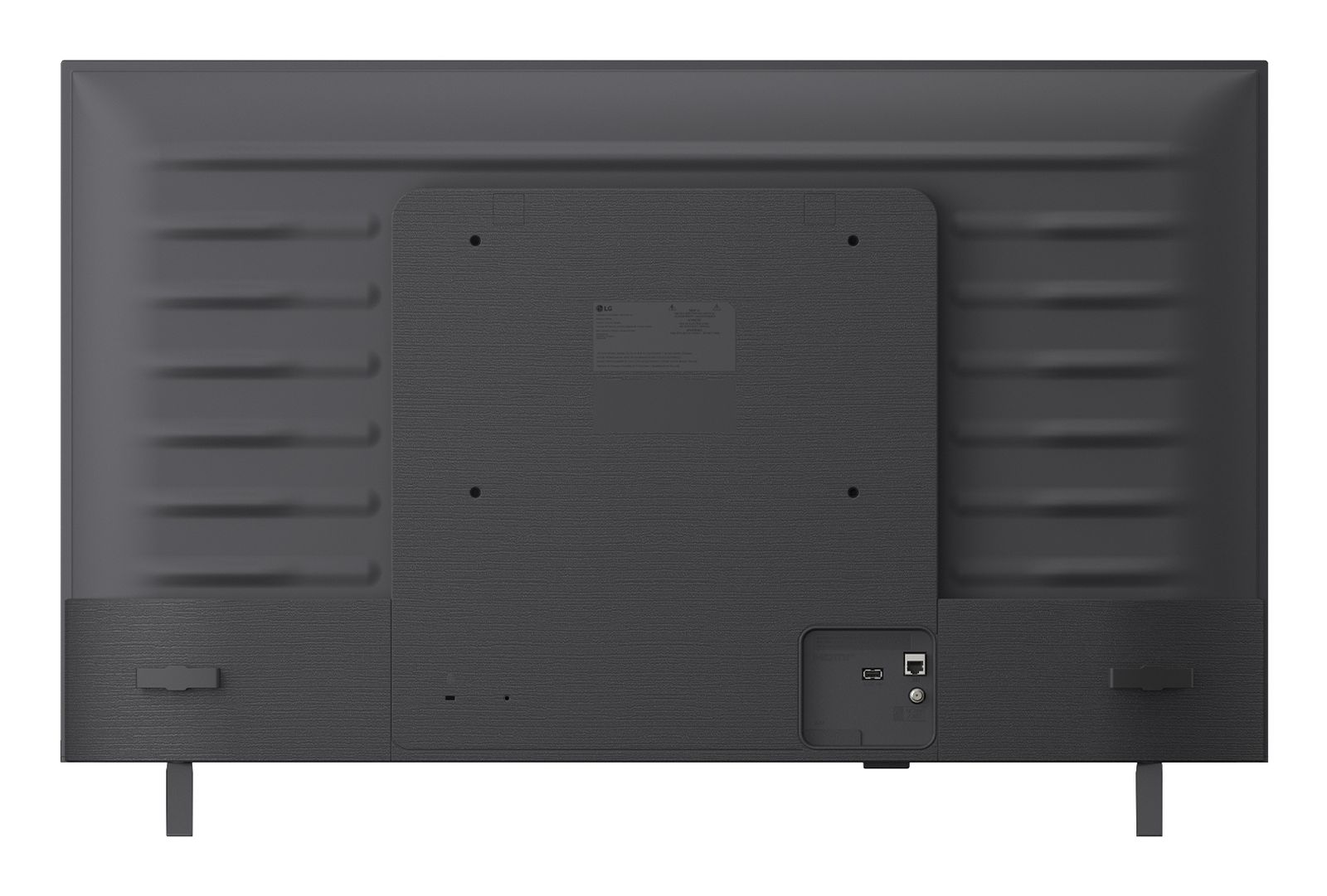 Rückansicht eines schwarzen Monitors mit VESA-Halterungslöchern und Anschlüssen unten rechts.