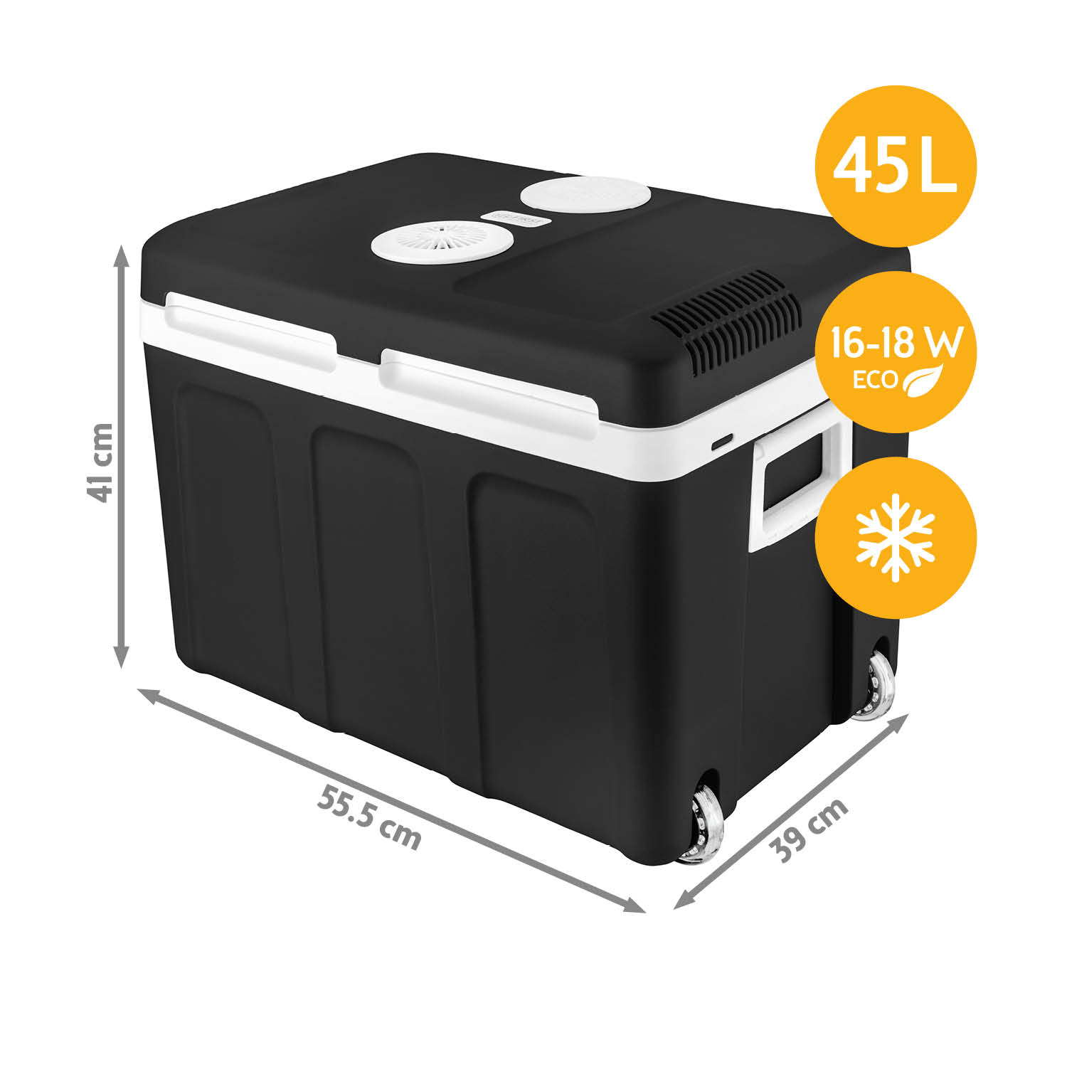 Schwarze 45L Kühlbox mit Rollen und Abmessungen 55.5x39x41cm.