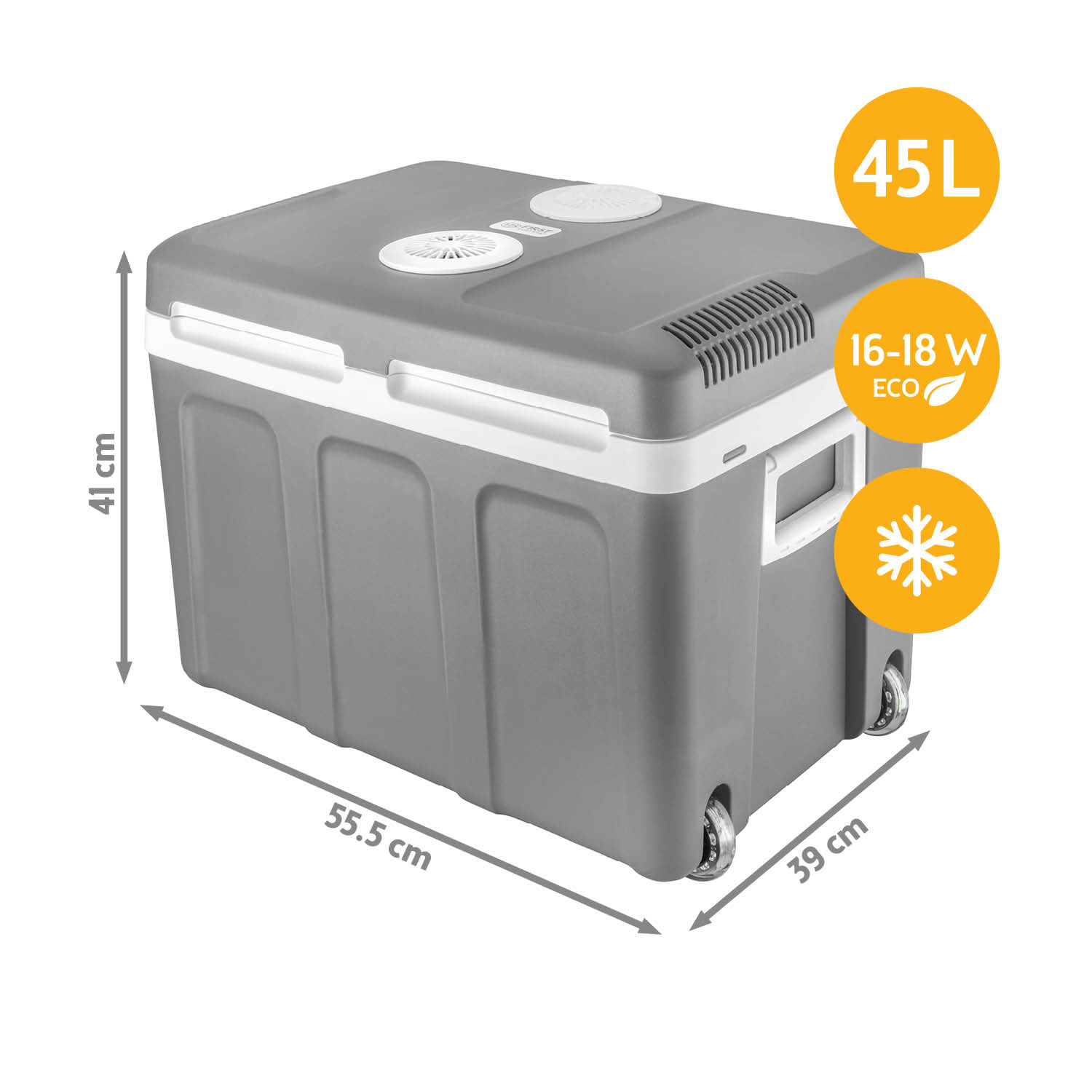 Graue Kühlbox mit Rollen, 45L Fassungsvermögen, Maße 55,5 x 39 x 41 cm und orangenen Funktionssymbolen.