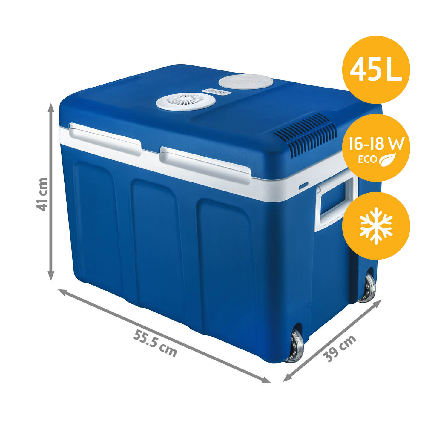 Blaue elektrische Kühlbox mit Rädern und Maßangaben auf weißem Hintergrund.