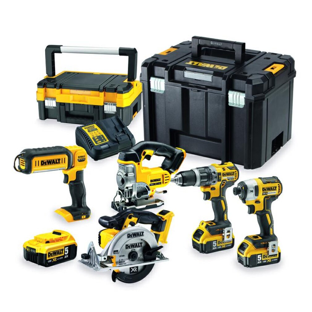 Ein gelb-schwarzes DeWalt Akku-Werkzeugset mit Bohrmaschine, Säge, Schleifer, Ladegerät und Koffern.