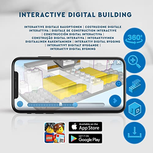 Uno smartphone mostra un'app di costruzione Lego digitale con varie icone accanto.