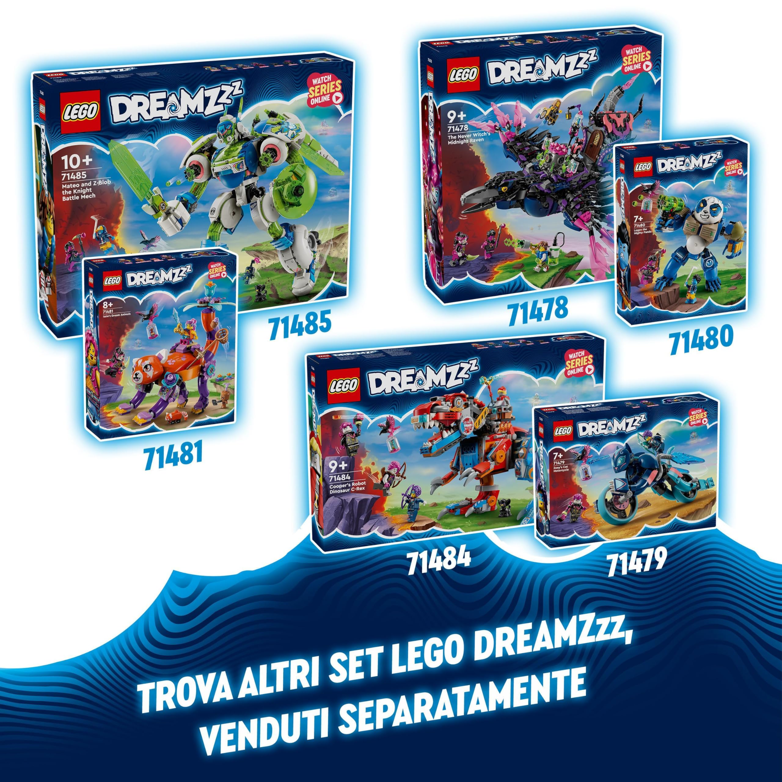 Sei scatole colorate di set LEGO Dreamzzz su sfondo blu con testo bianco.