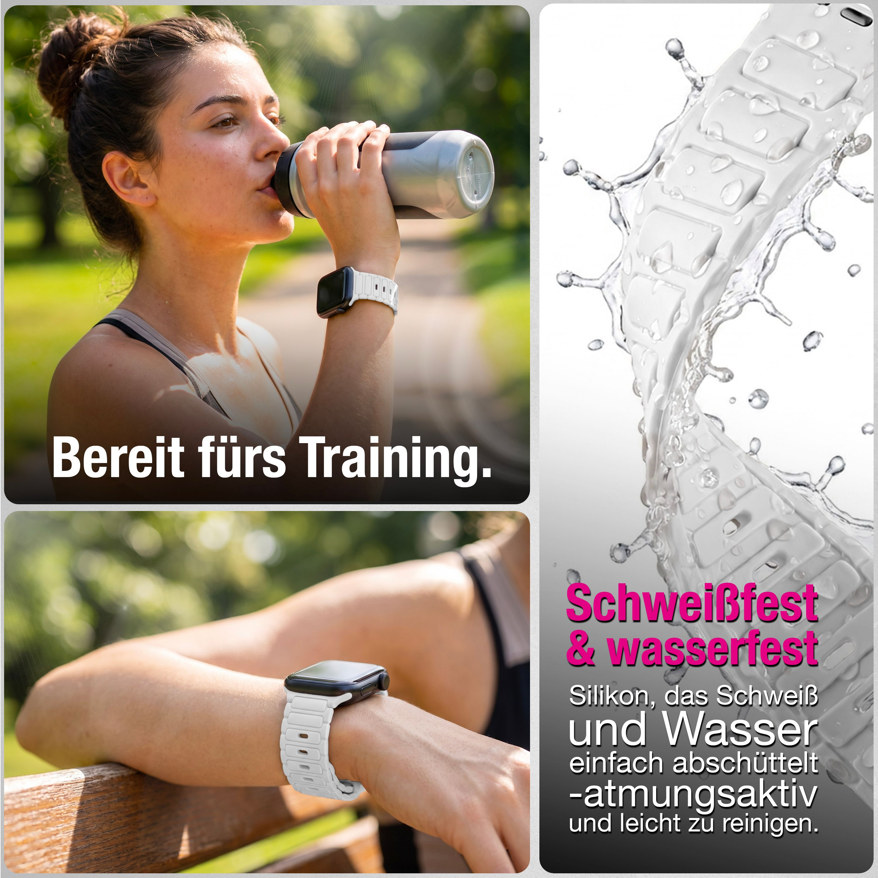 Eine Frau mit Sportarmband trinkt aus einer Flasche; daneben ein wasserfester Silikonarmband mit Spritzwasser.