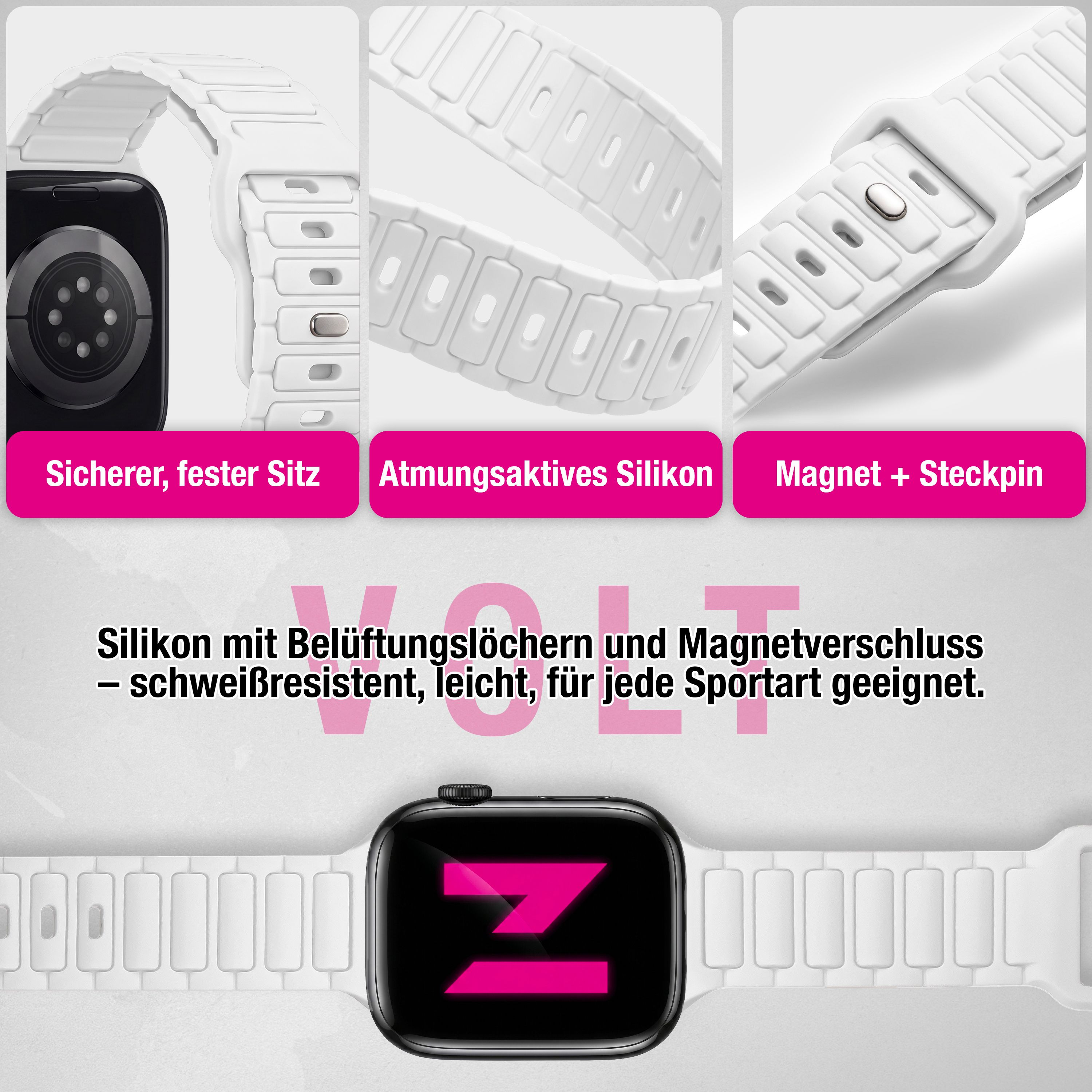 Weißes Silikon-Uhrenarmband mit Belüftungslöchern, Magnetverschluss und Pin, gezeigt mit Smartwatch.