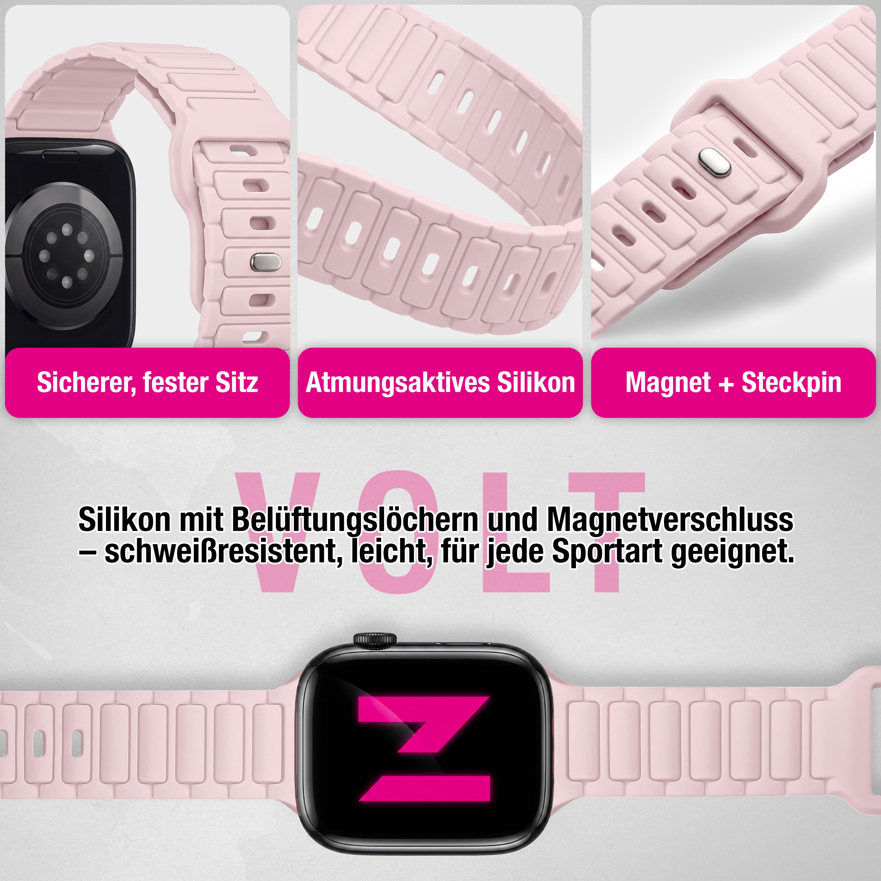 Rosa Silikonarmband mit Magnetverschluss, Belüftungslöchern und Smartwatch in vier Detailansichten.