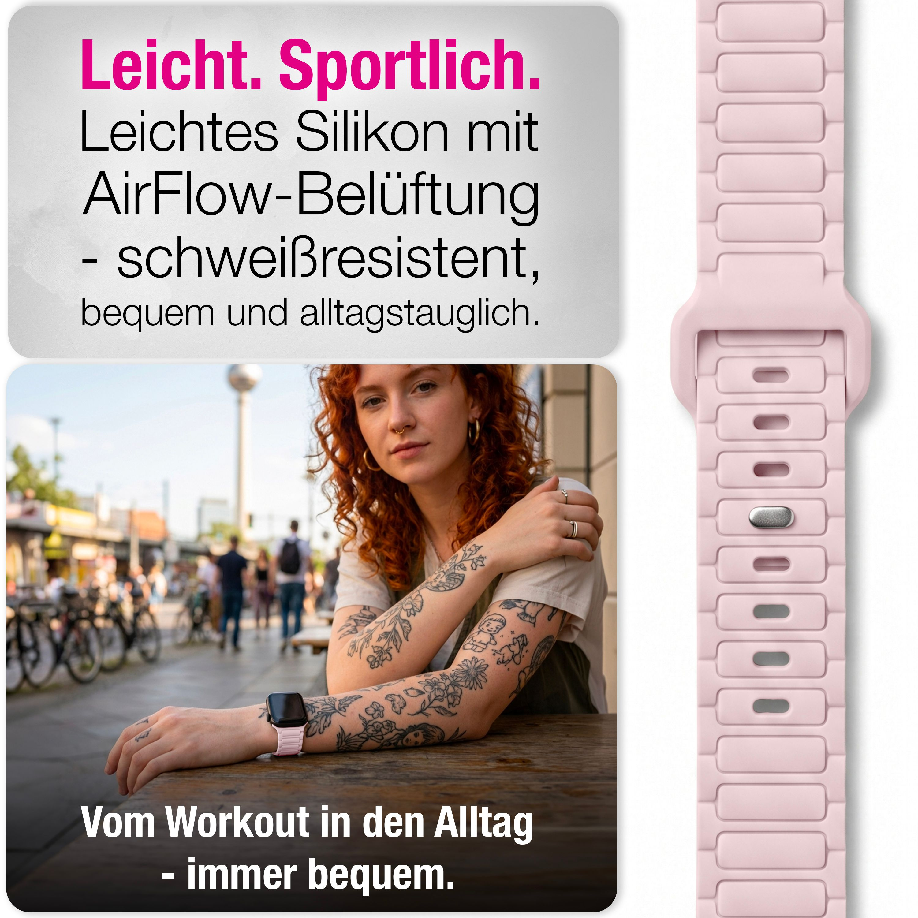 Eine Frau mit Tattoos sitzt draußen und trägt eine Smartwatch mit einem pinken Silikonarmband, das daneben gezeigt wird.