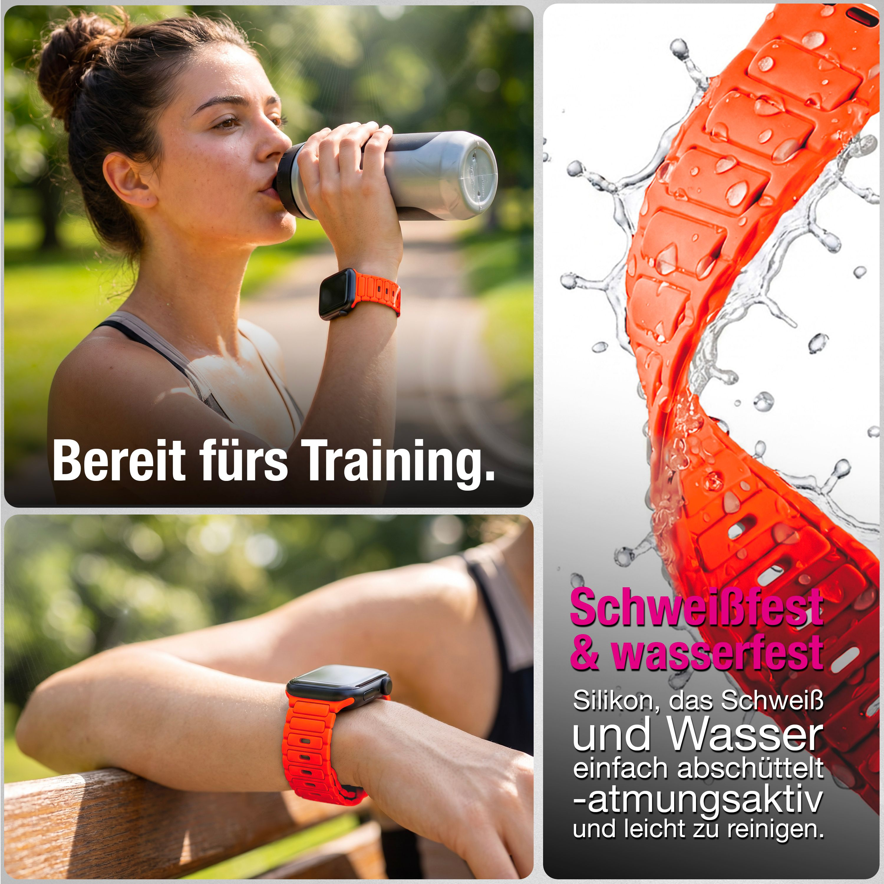 Eine Frau trinkt Wasser nach dem Training und trägt eine Smartwatch mit orangefarbenem Silikonarmband.