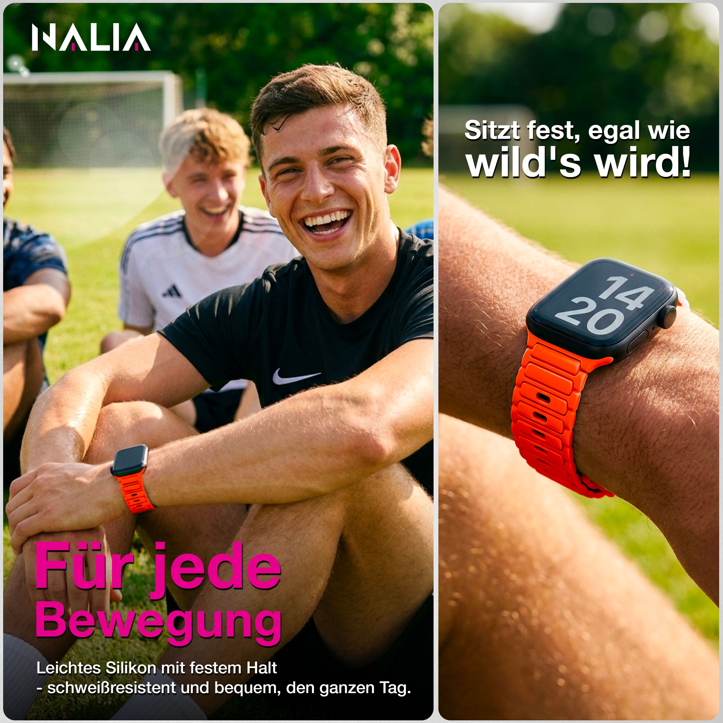 Ein Mann sitzt auf dem Rasen und trägt eine Smartwatch mit orangefarbenem Silikonarmband, während im Hintergrund andere lachen.