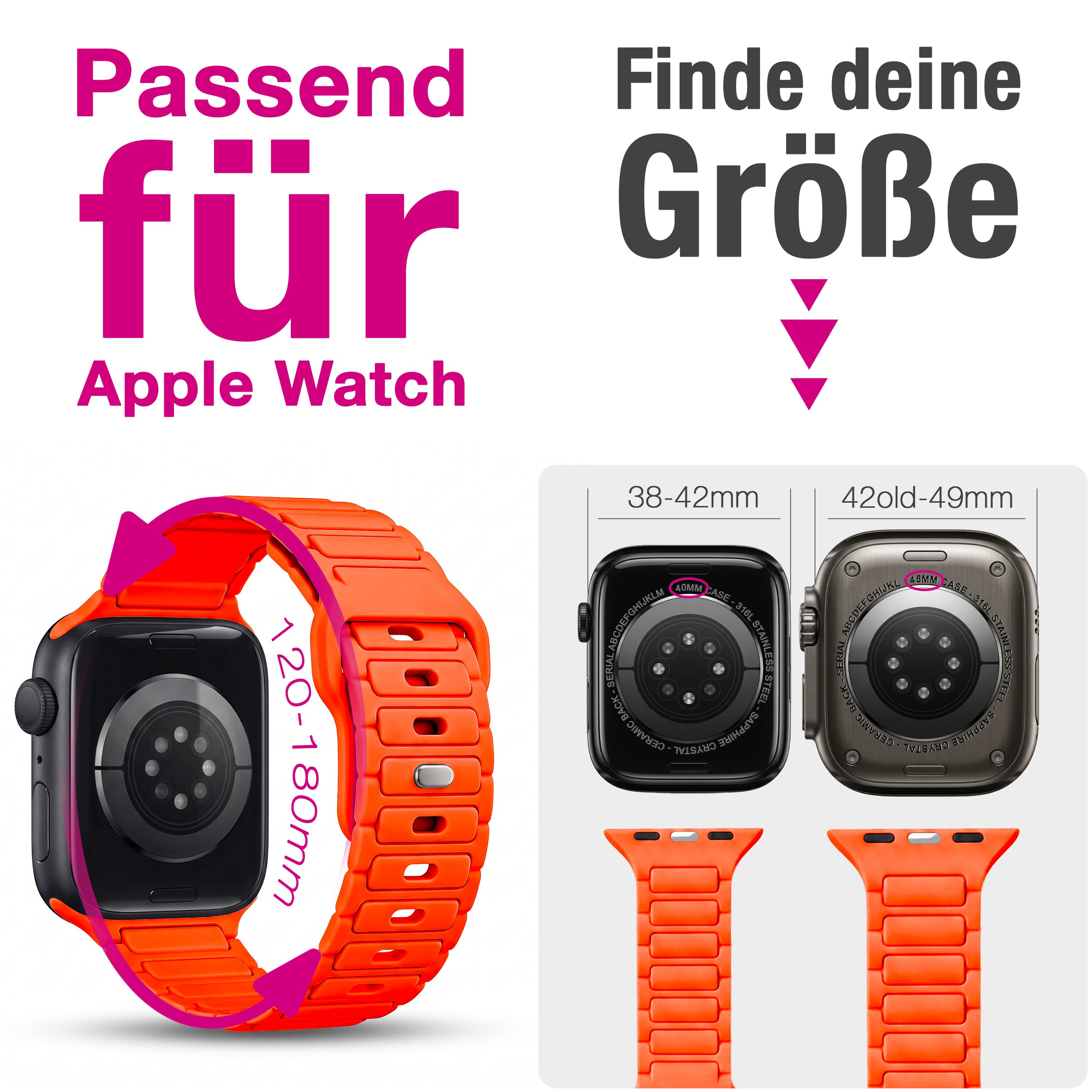 Ein oranges Apple Watch Armband mit Größentabellen für verschiedene Modelle.