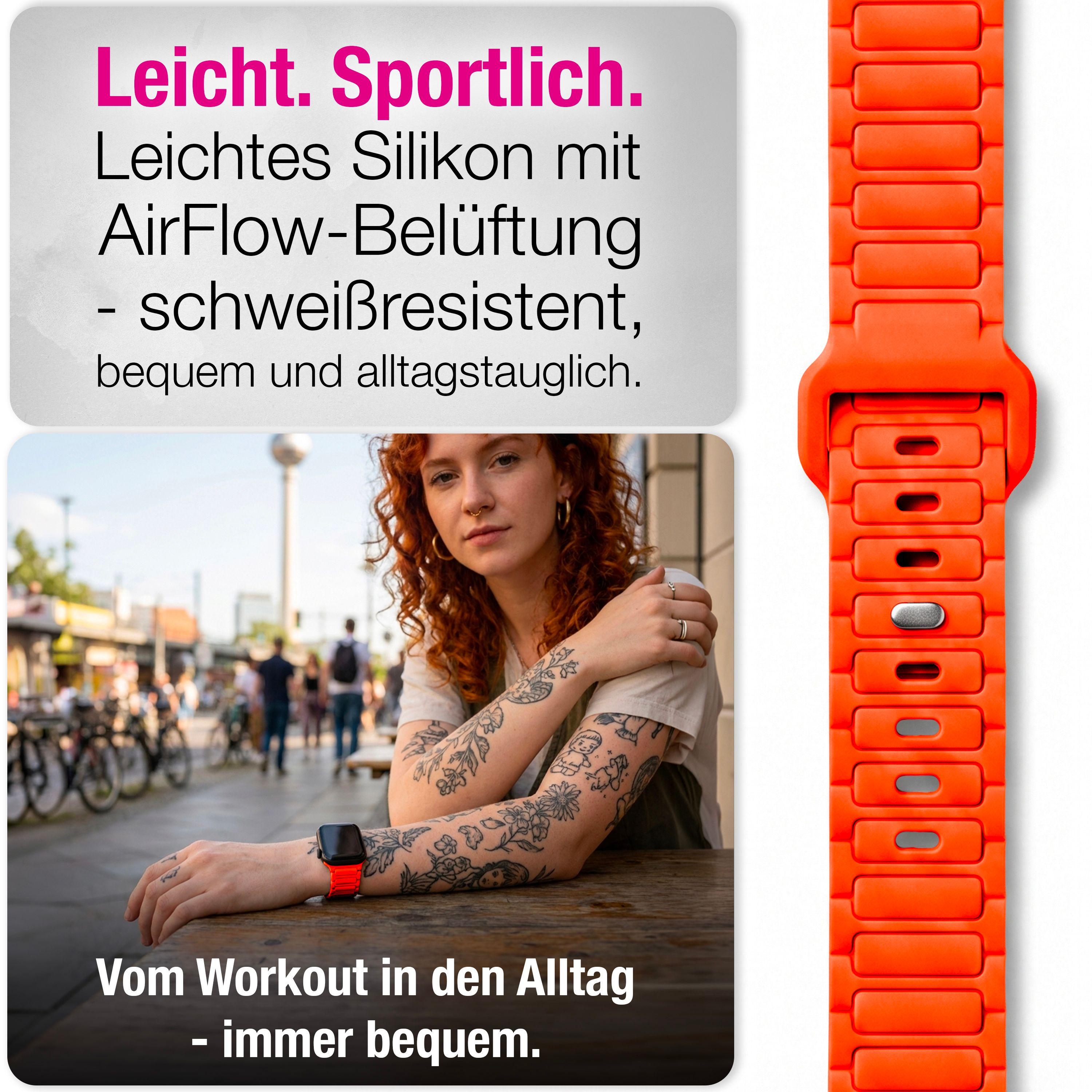 Werbebild für ein orangefarbenes Sport-Silikonarmband mit einer Frau, die es im Alltag trägt.