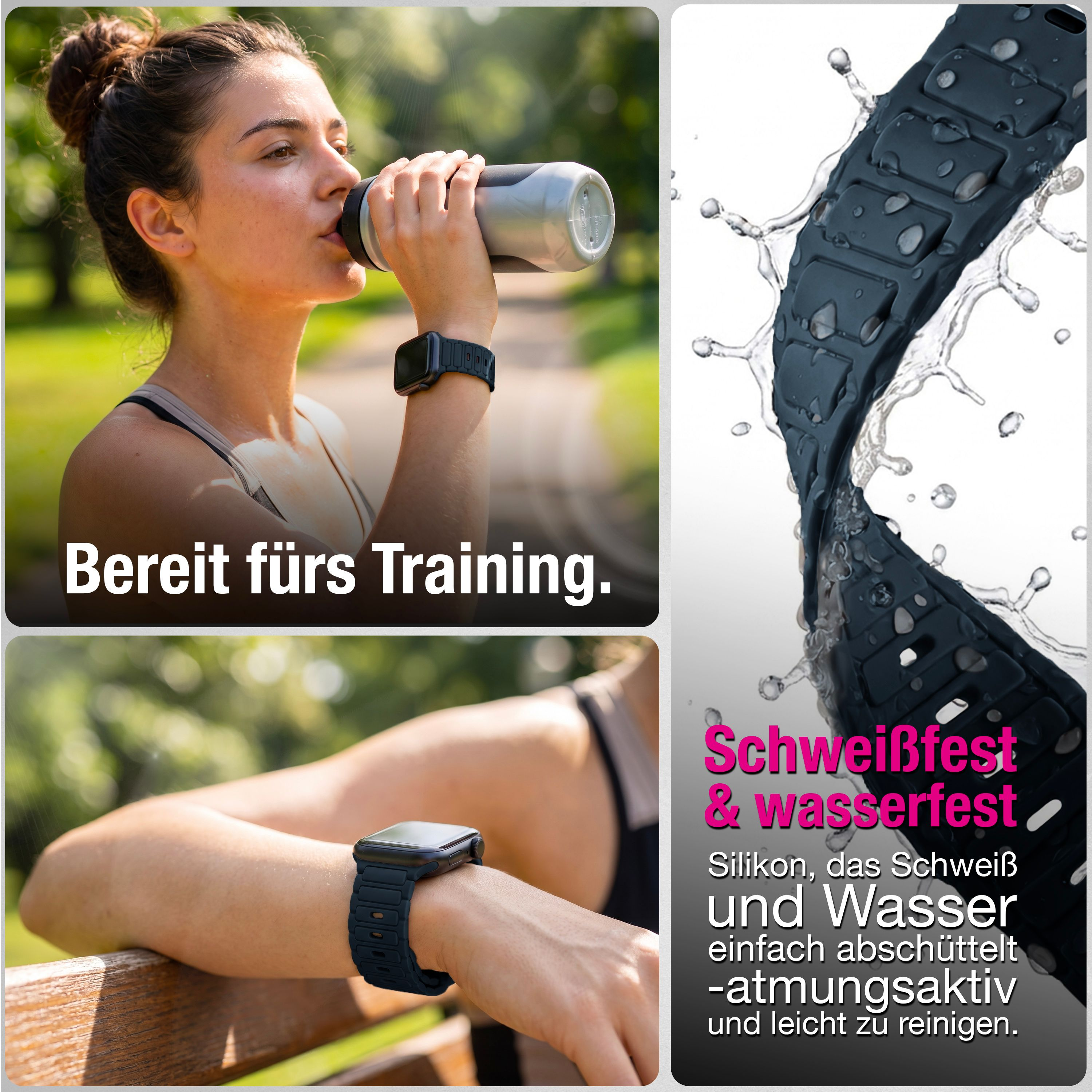 Frau trinkt aus Flasche, Detailansicht eines wasserfesten Silikon-Smartwatch-Armbands mit Wassertropfen.