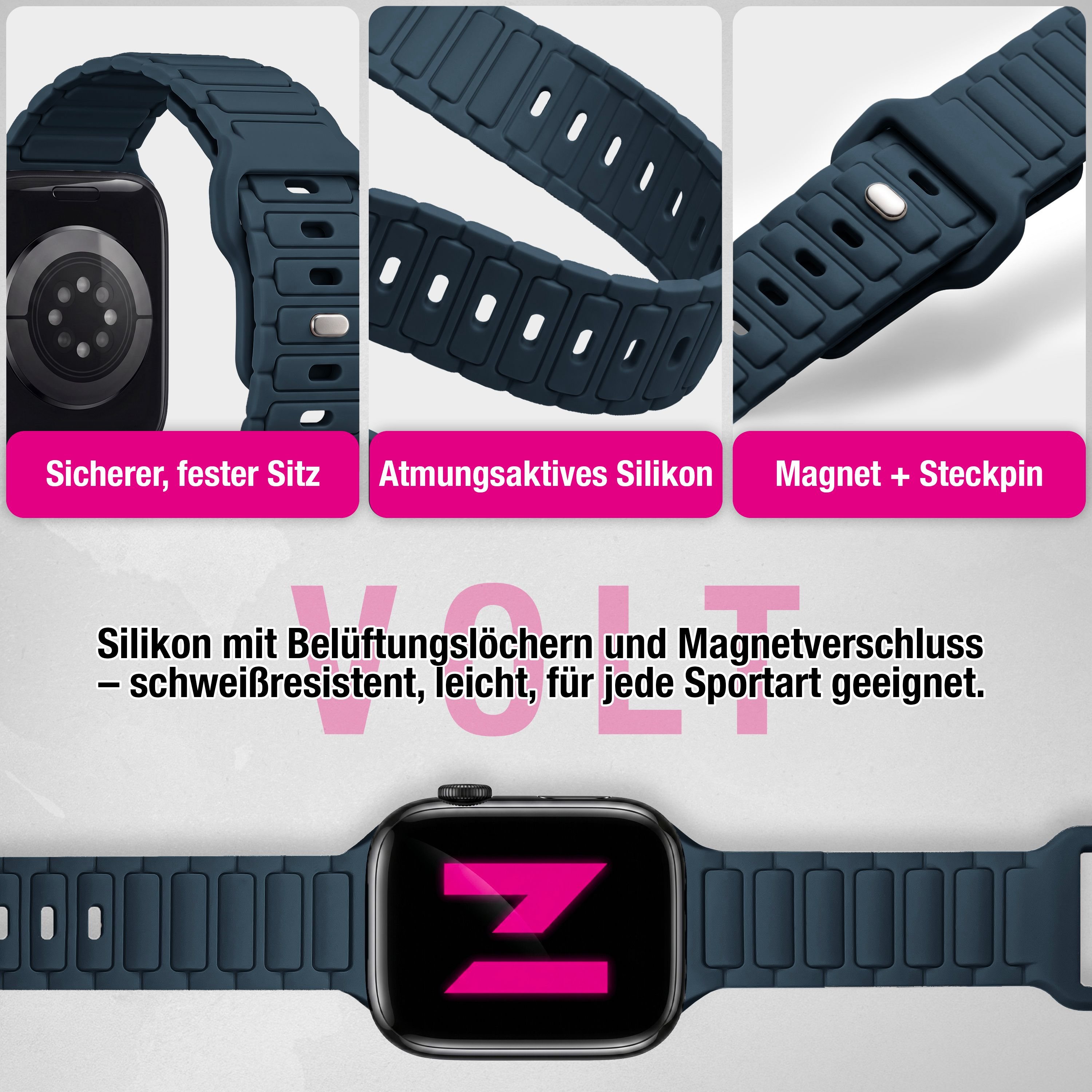 Dunkelblaues Silikon-Uhrenarmband mit Belüftungslöchern und Magnetverschluss in Detailansichten.