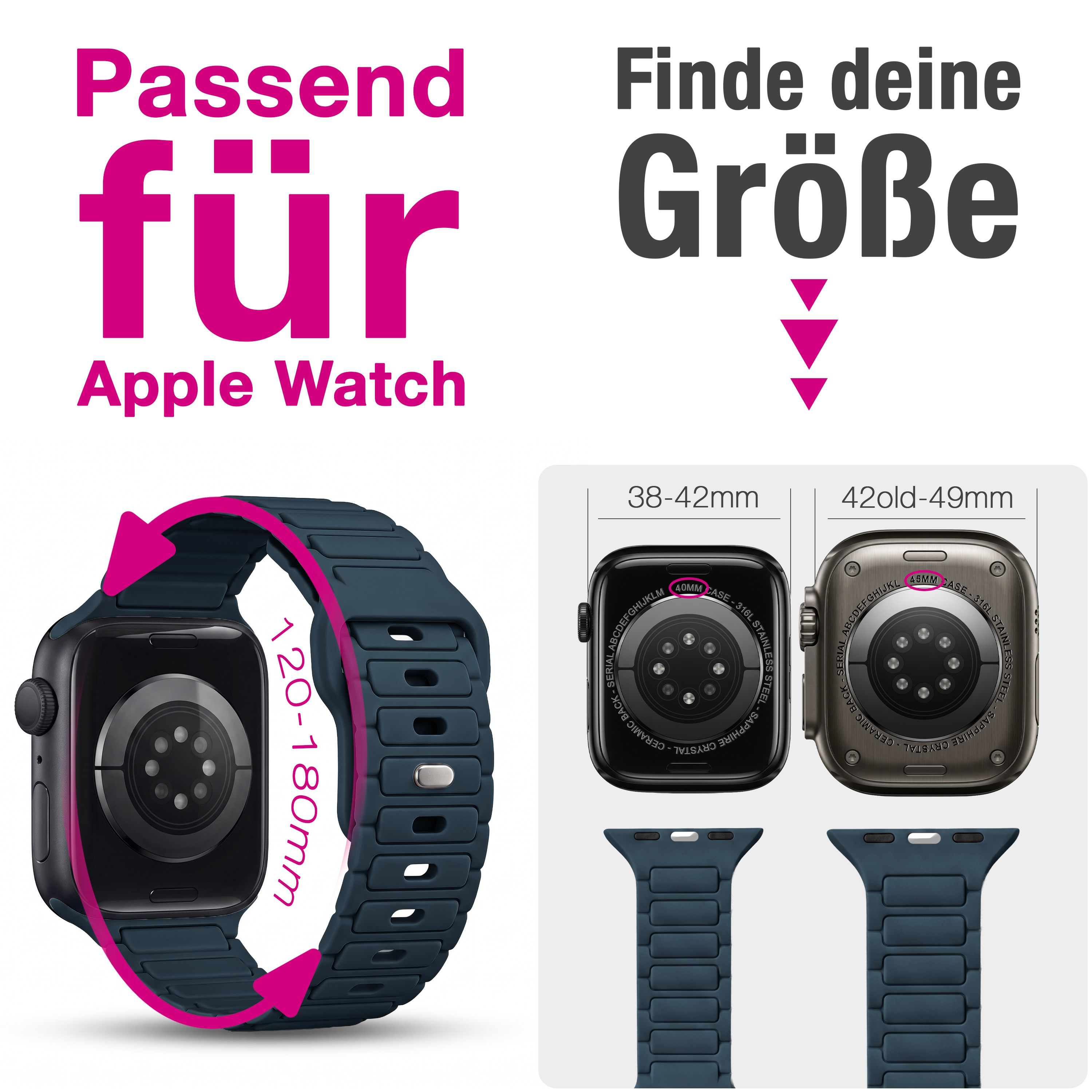 Apple Watch Silikonarmband mit Größenübersicht für 38 bis 49mm Modelle und Längenangabe von 120 bis 180mm.