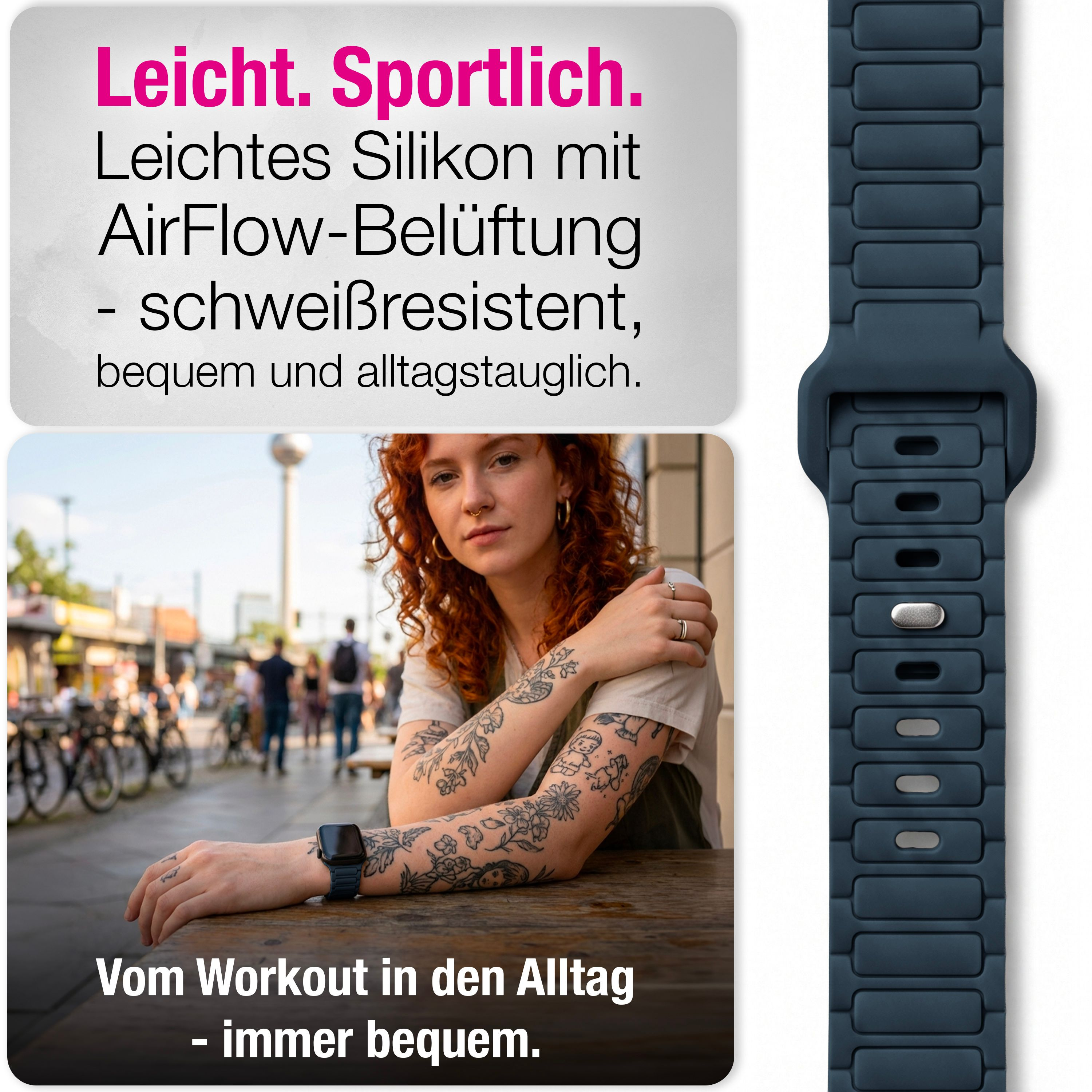 Blaue Silikon-Smartwatch-Armband mit AirFlow-Design, gezeigt mit Produktansicht und einer Frau in der Stadt.