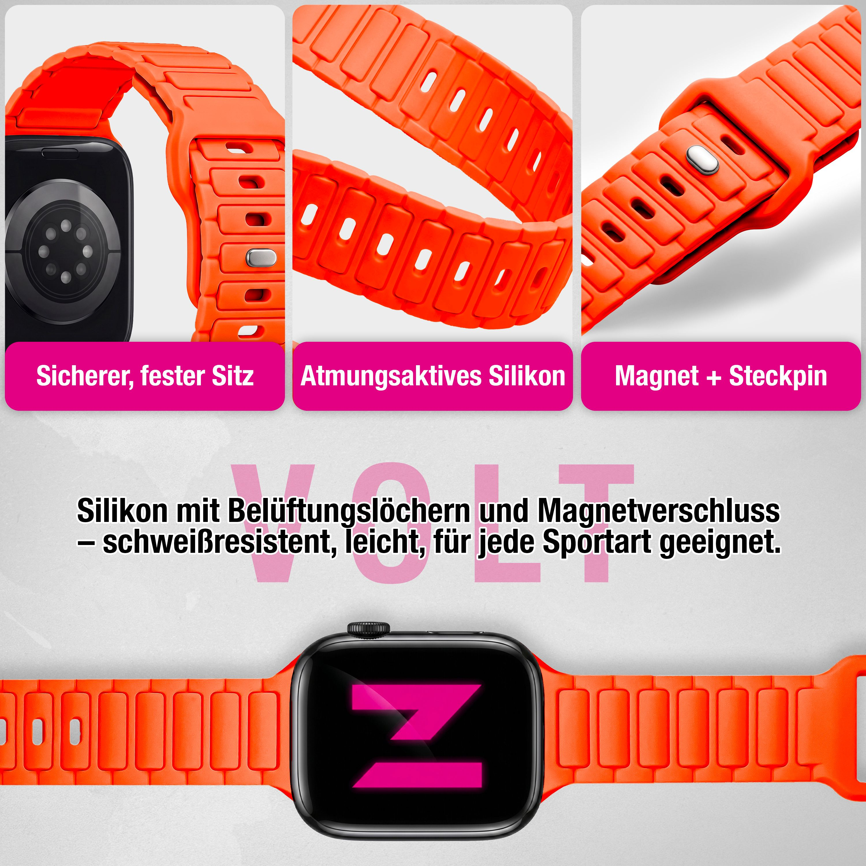 Oranger Silikonarmband mit Belüftungslöchern, Magnetverschluss und Stekpin für Apple Watch, schweißresistent.