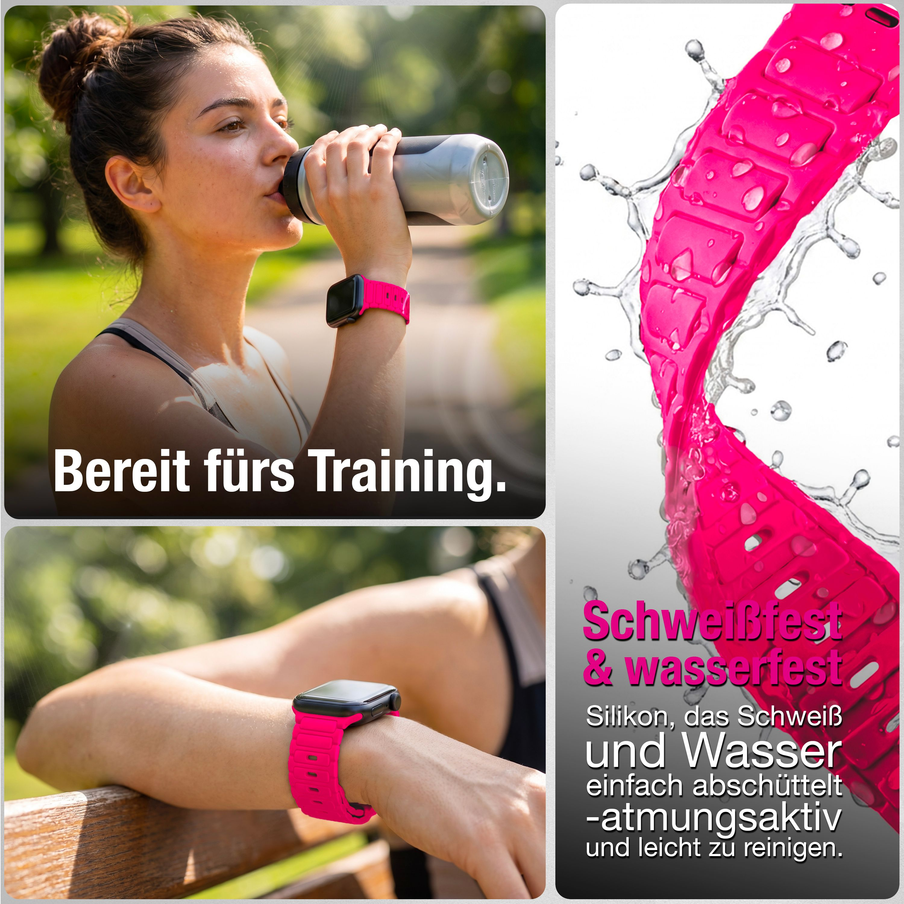 Eine Frau trinkt aus einer Flasche und trägt ein pinkes Silikonarmband an der Smartwatch.