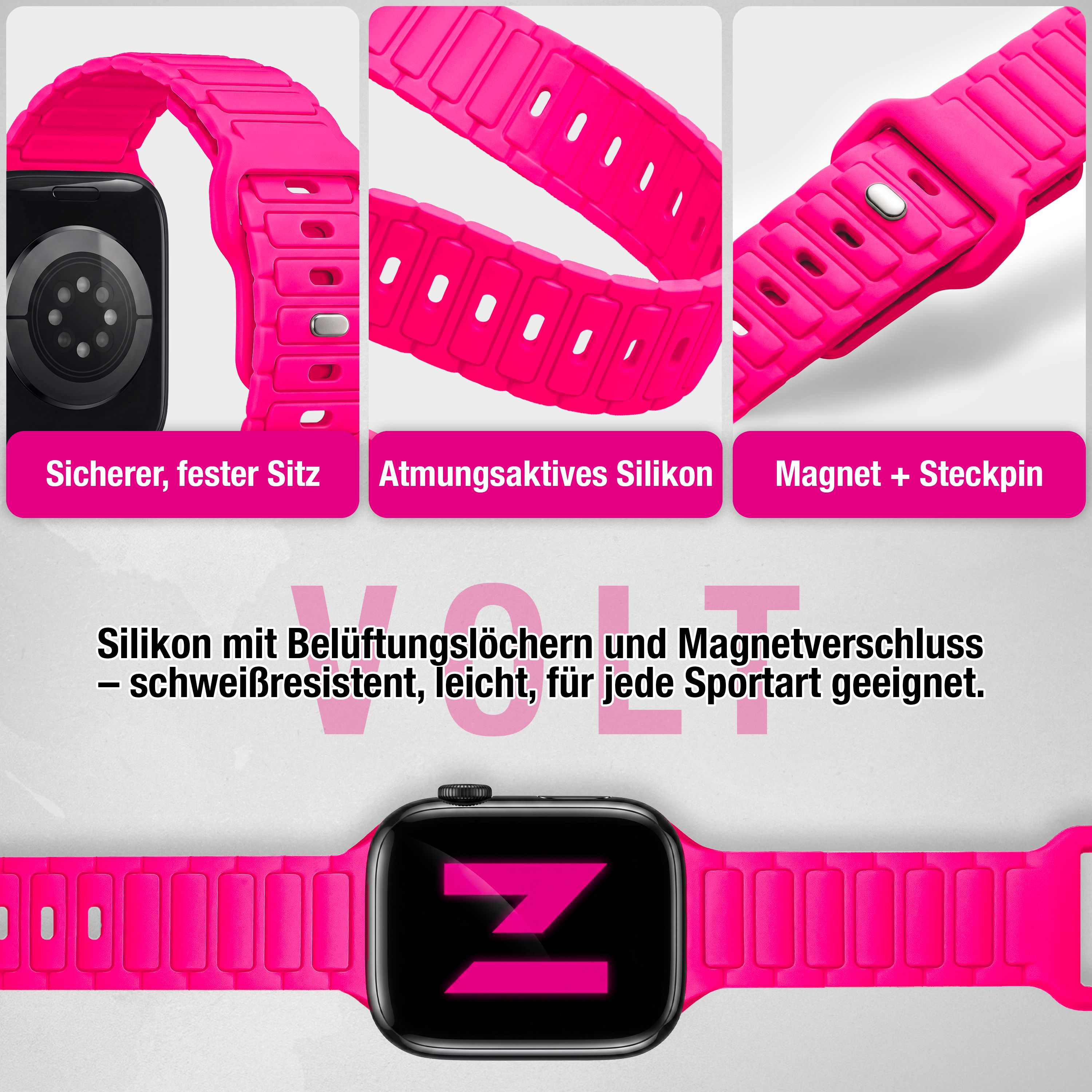 Rosa Silikon-Smartwatch-Armband mit Belüftungslöchern und Magnetverschluss, in Nahaufnahmen und Gesamtansicht.