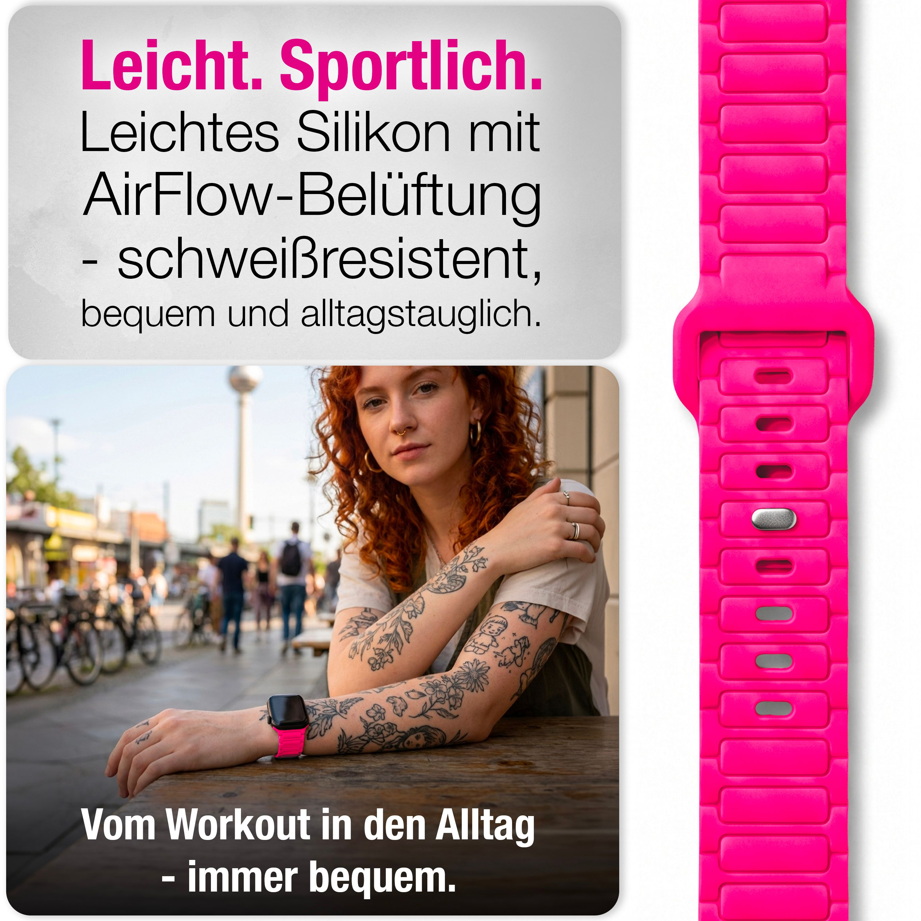 Ein pinkes Silikonarmband mit Belüftung und eine Frau mit roten Haaren am Straßencafé.