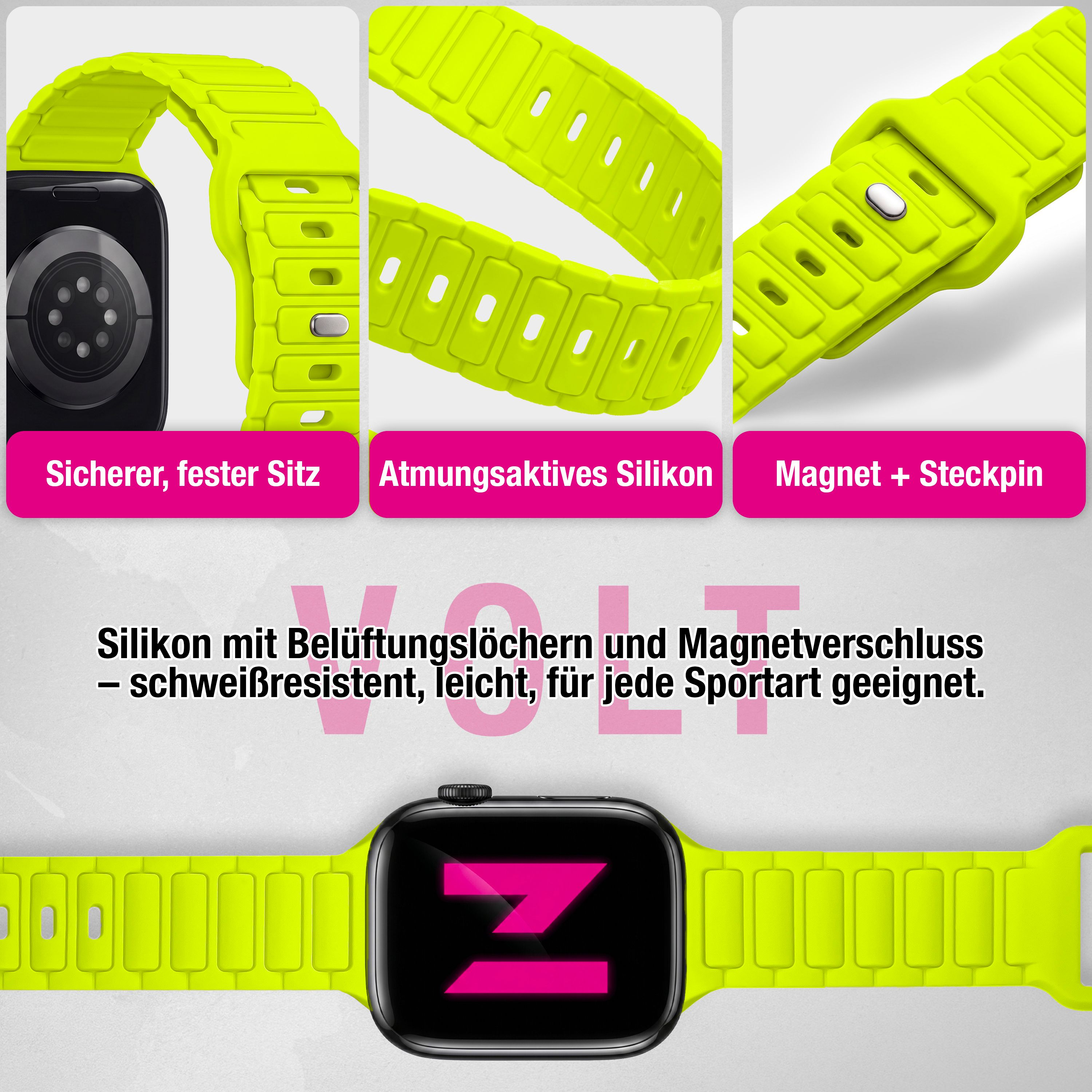 Hellgrünes Silikon-Smartwatch-Armband mit Magnetverschluss und Belüftungslöchern.