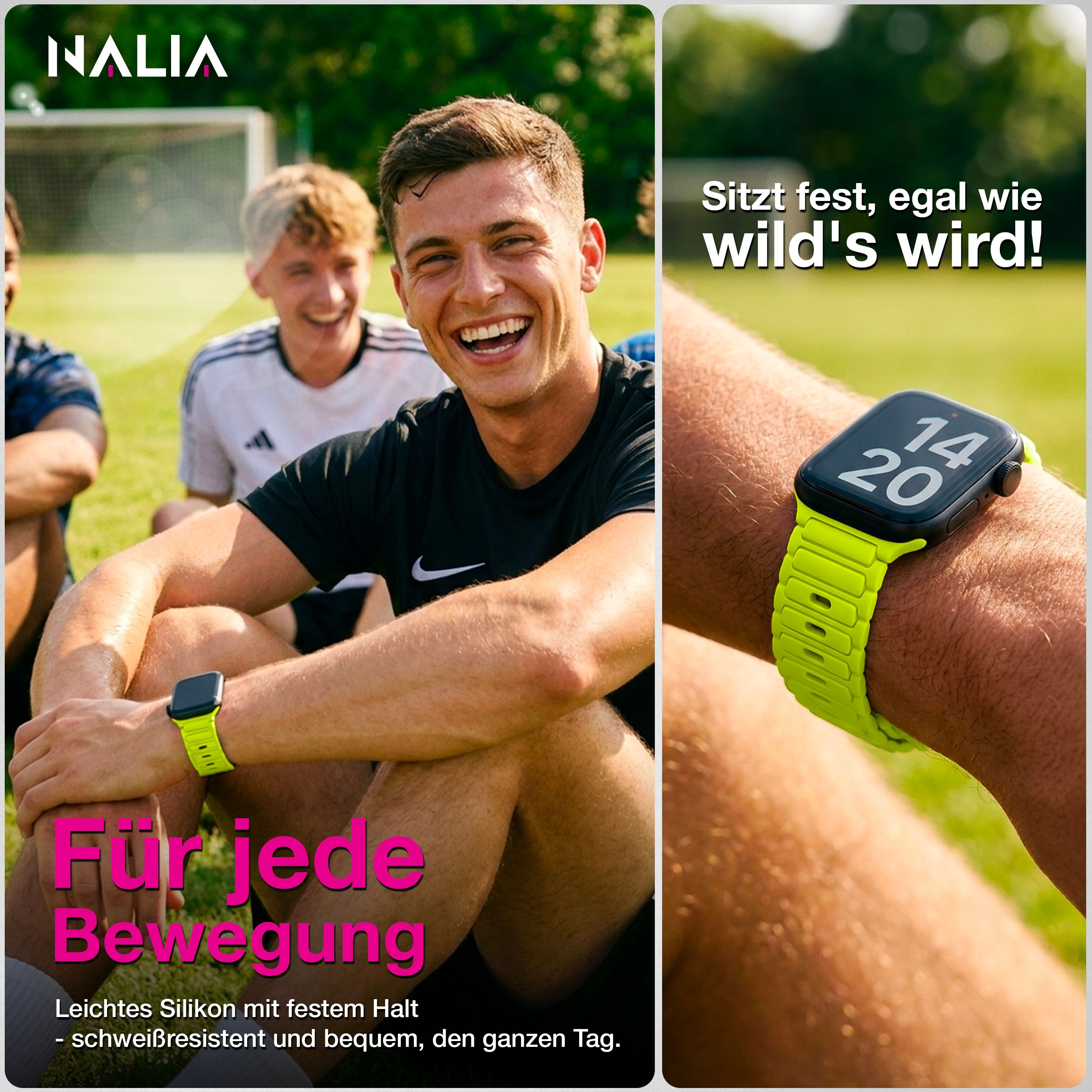 Ein junger Mann sitzt lachend auf einem Rasen und trägt eine leuchtend gelbe Smartwatch.