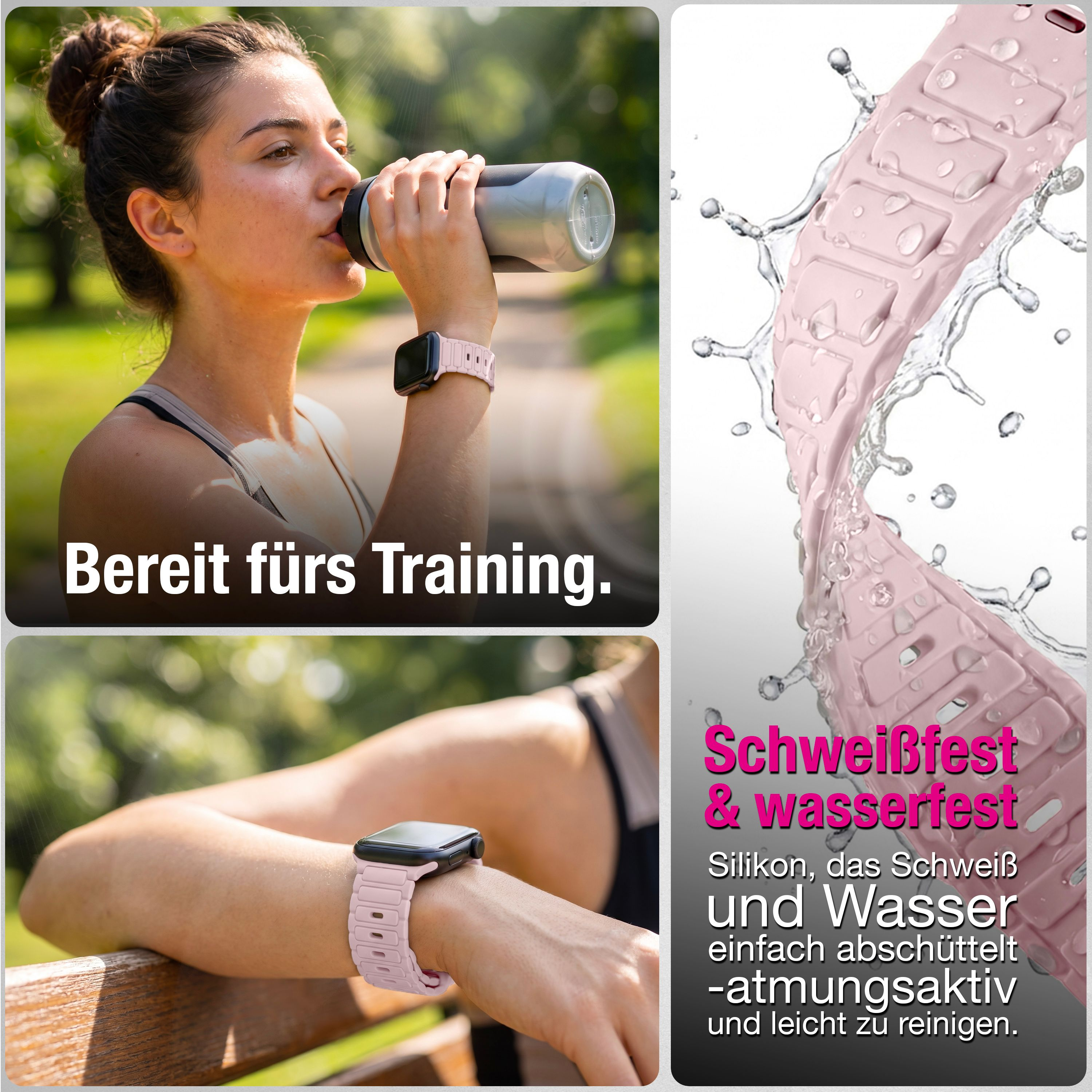 Eine Frau trinkt aus einer Flasche mit pinkem Silikon-Smartwatch-Armband, Wasserspritzern und deutschem Text.