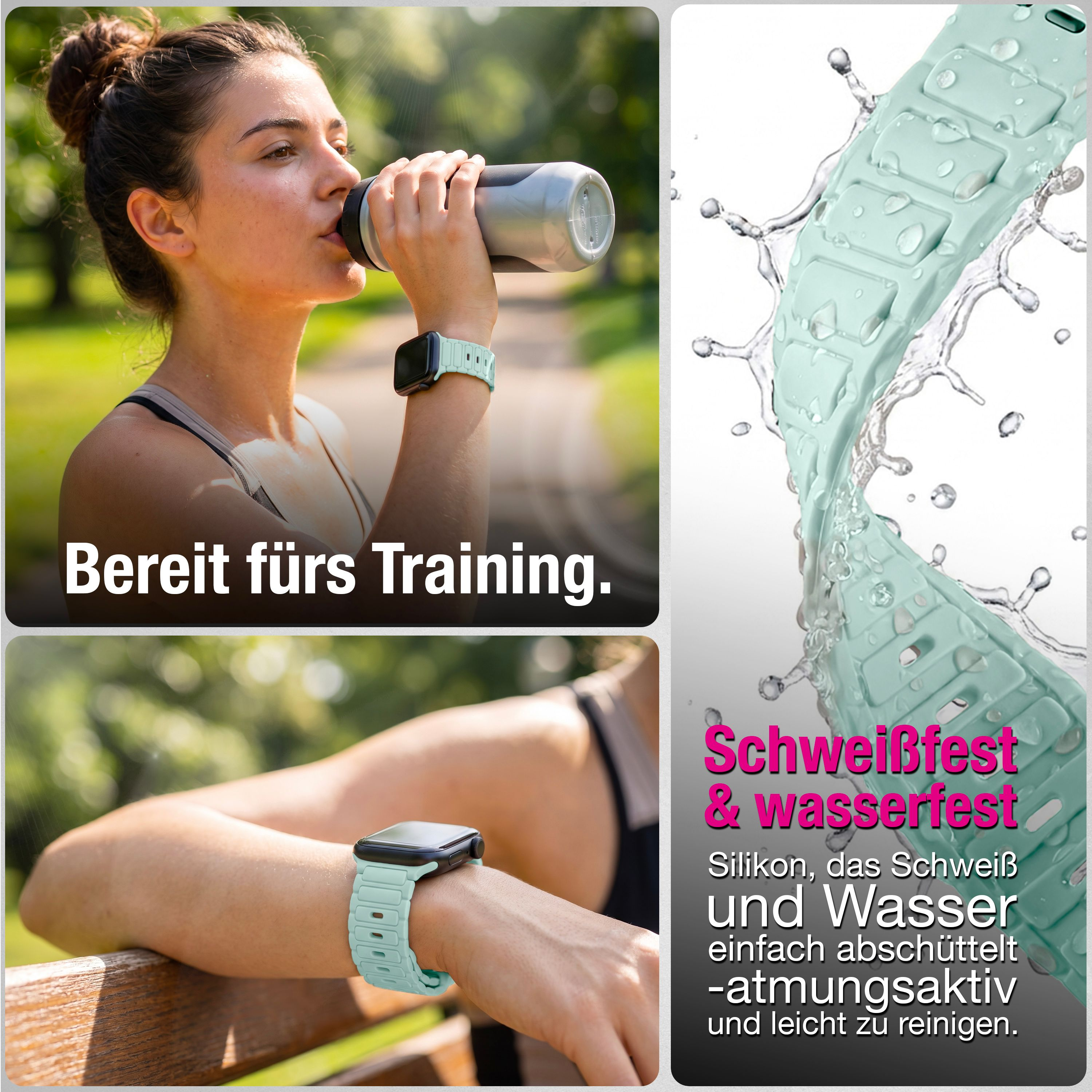 Eine Frau mit Smartwatch trinkt draußen Wasser, Nahaufnahme des wasserfesten Armbands.