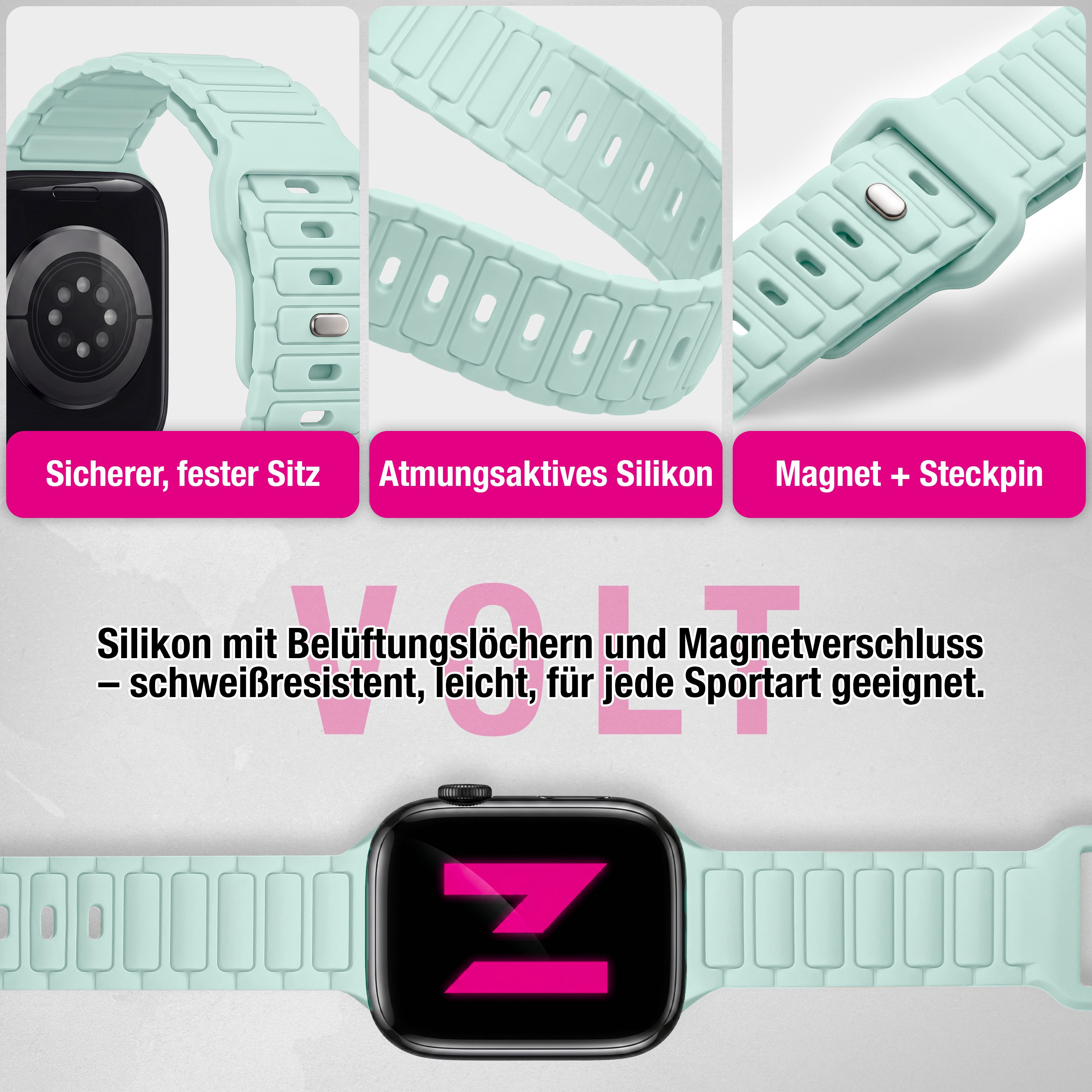 Grünes Silikonarmband mit Belüftungslöchern, Magnetverschluss und Smartwatch für Sport.