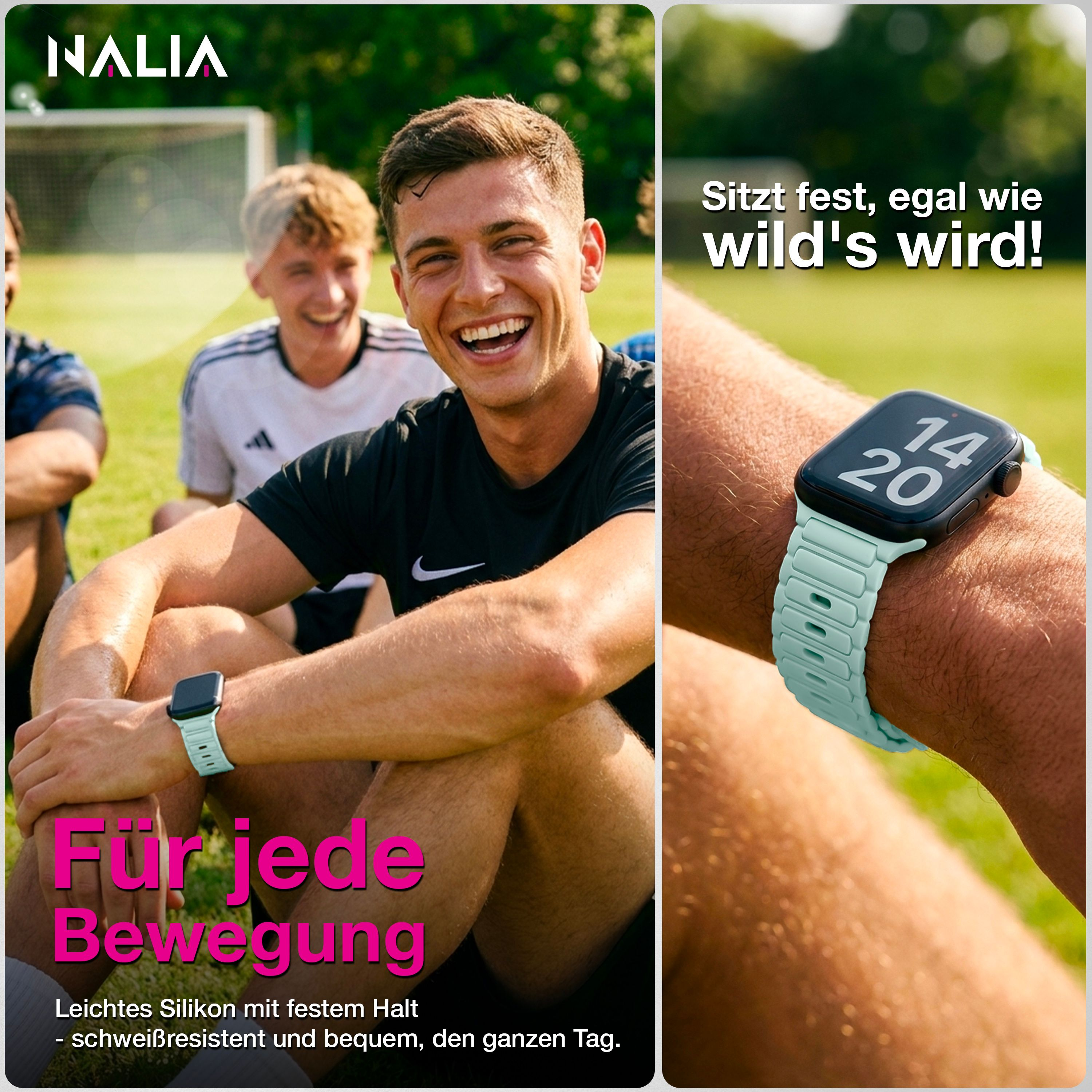 Junger Mann lacht draußen auf einer Wiese mit einer Smartwatch und mintgrünem Silikonarmband am Handgelenk.