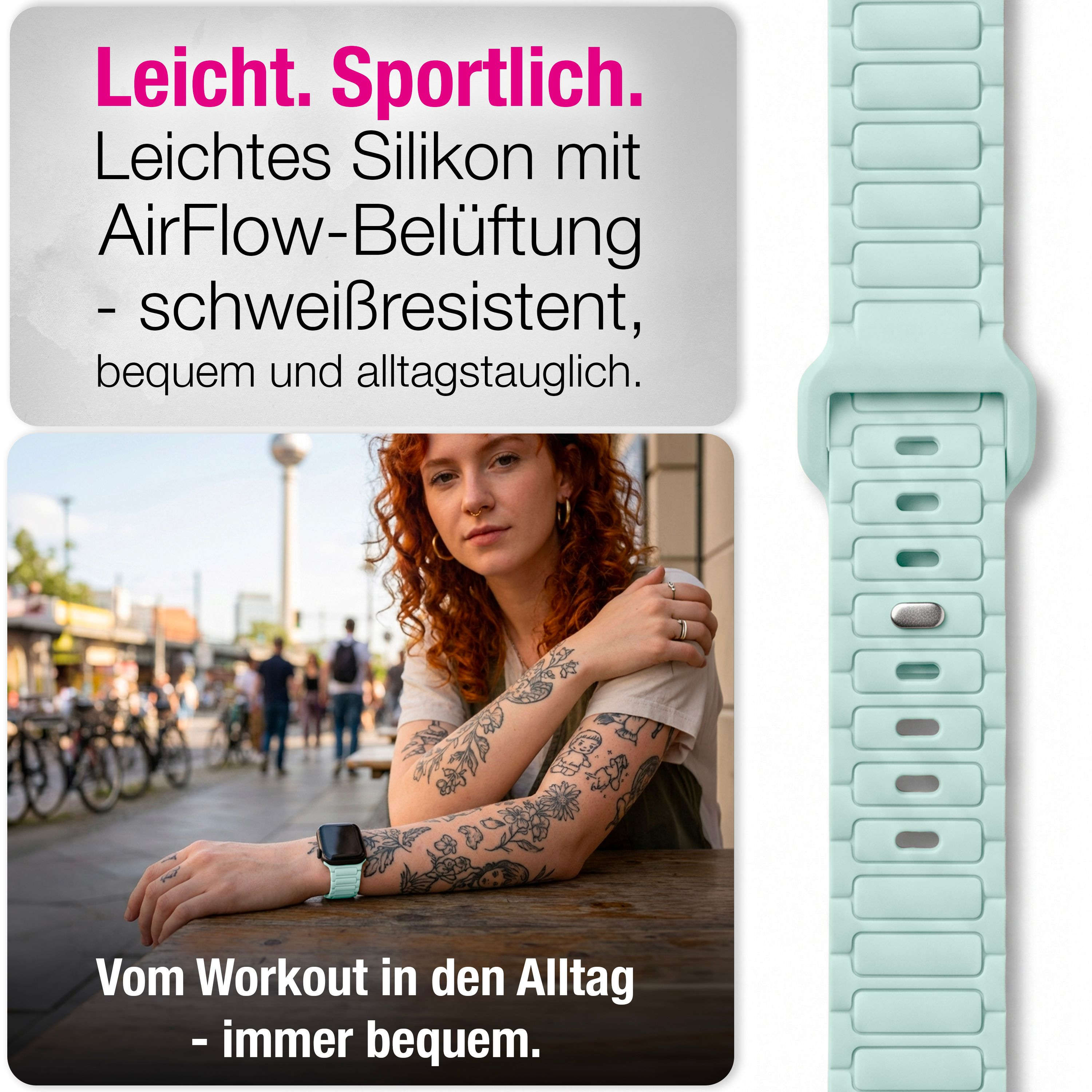 Eine tätowierte Frau mit roten Haaren sitzt im Freien und trägt eine Smartwatch mit mintgrünem Silikonarmband.