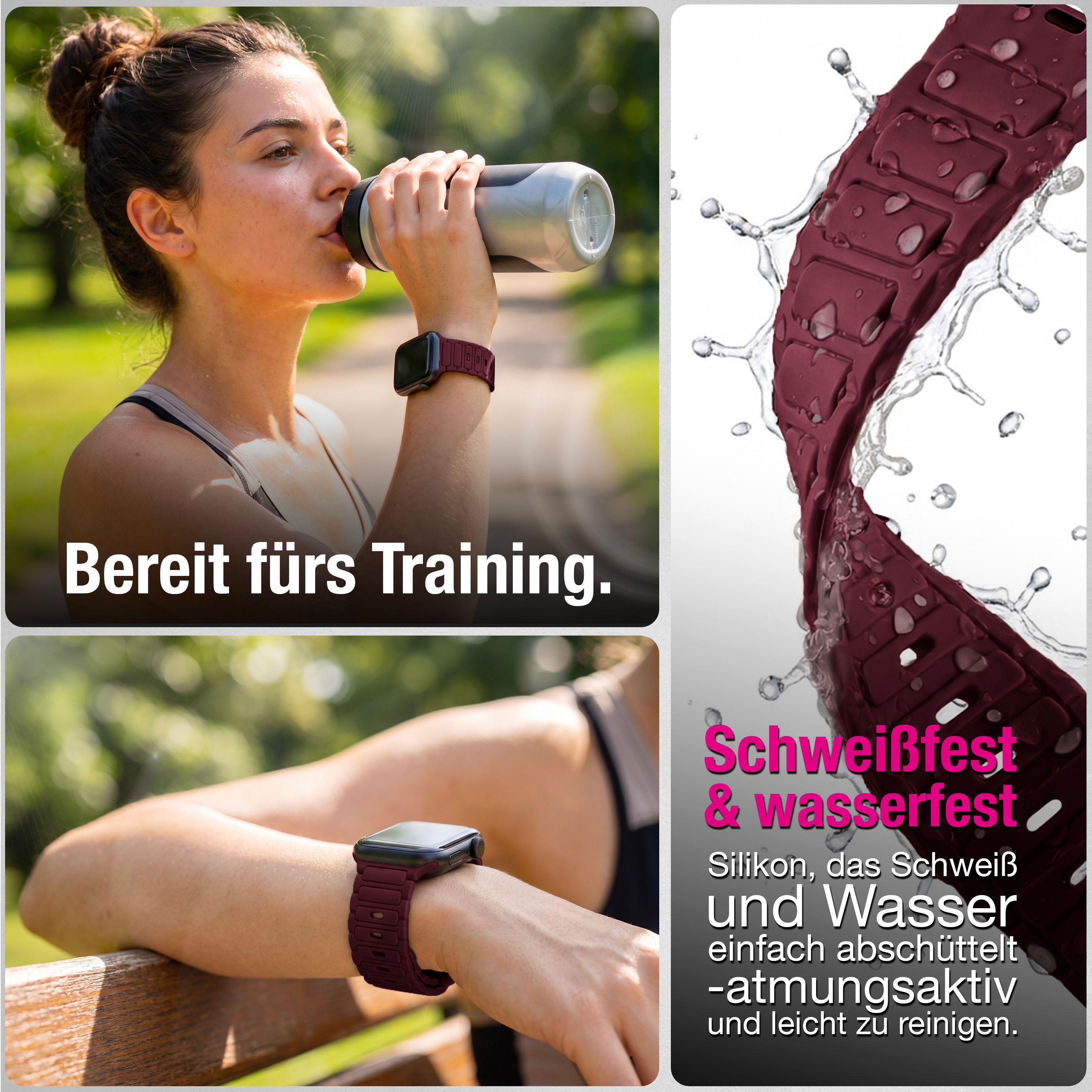Eine Frau mit dunkelrotem Armband trinkt im Freien aus einer Flasche, mit Nahaufnahme des wasserfesten Armbands in Wasser.