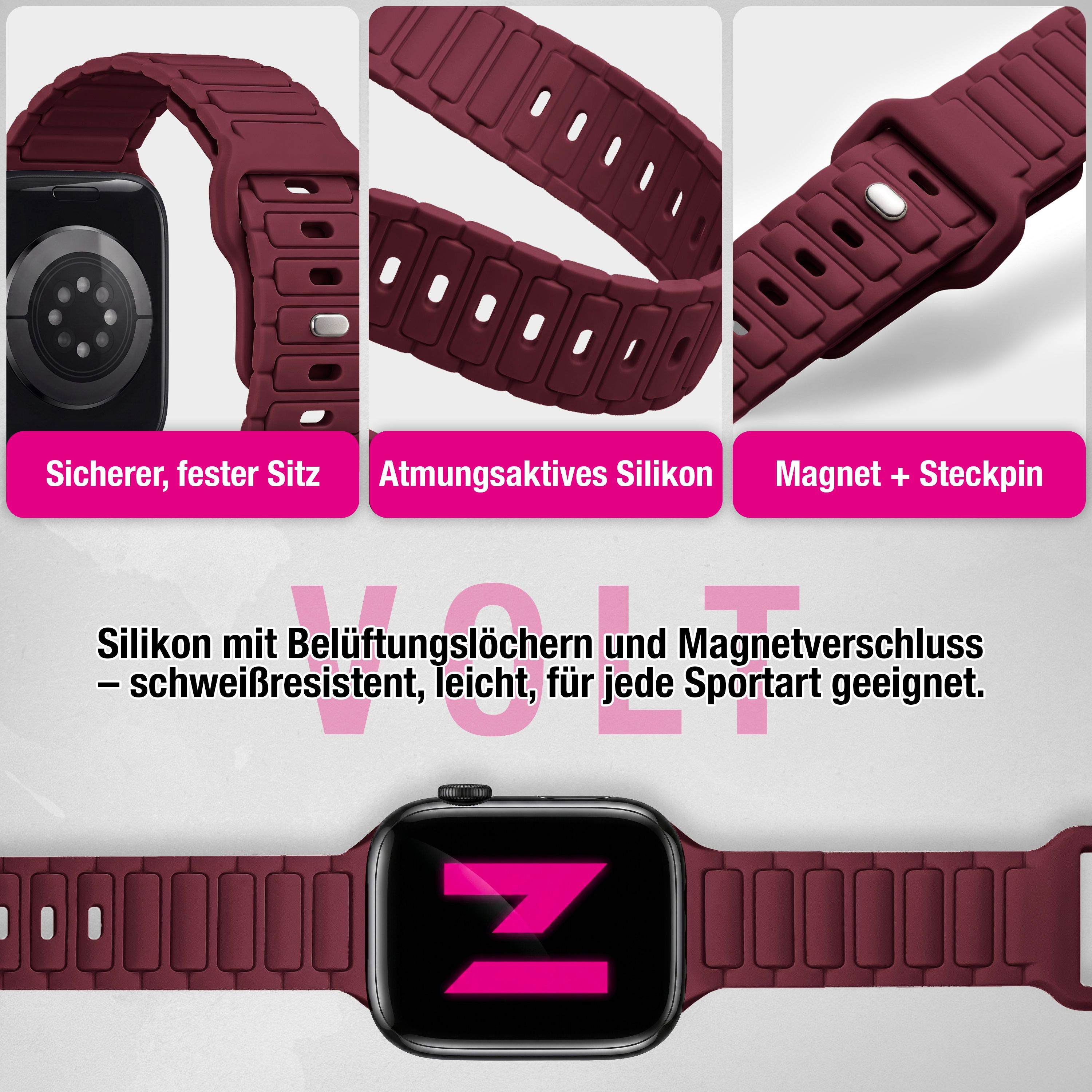 Dunkelrotes Silikonarmband mit Belüftungslöchern und Magnetverschluss für Smartwatches.