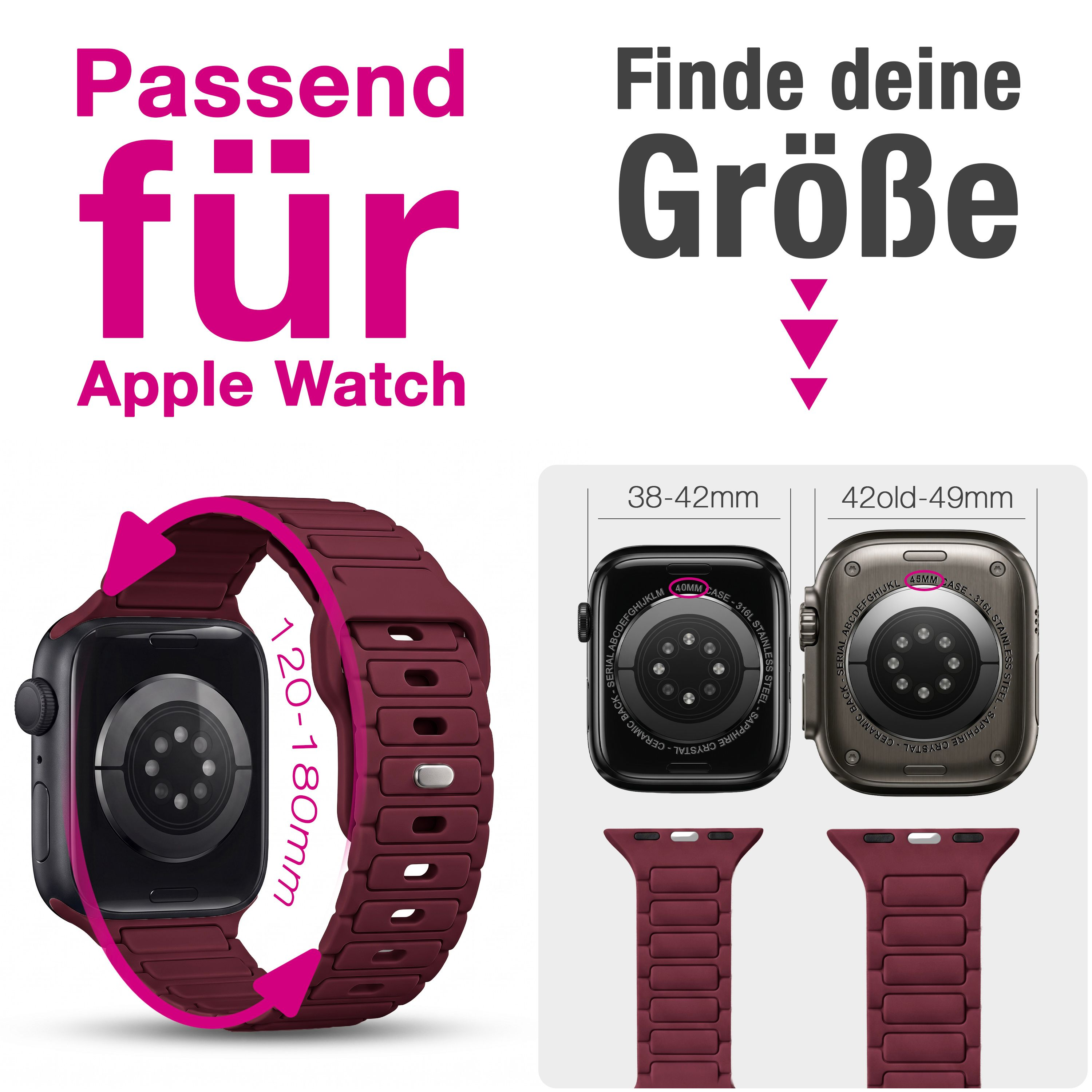 Größentabelle für Apple Watch Armbänder in Dunkelrot mit Maßangaben für verschiedene Modelle.