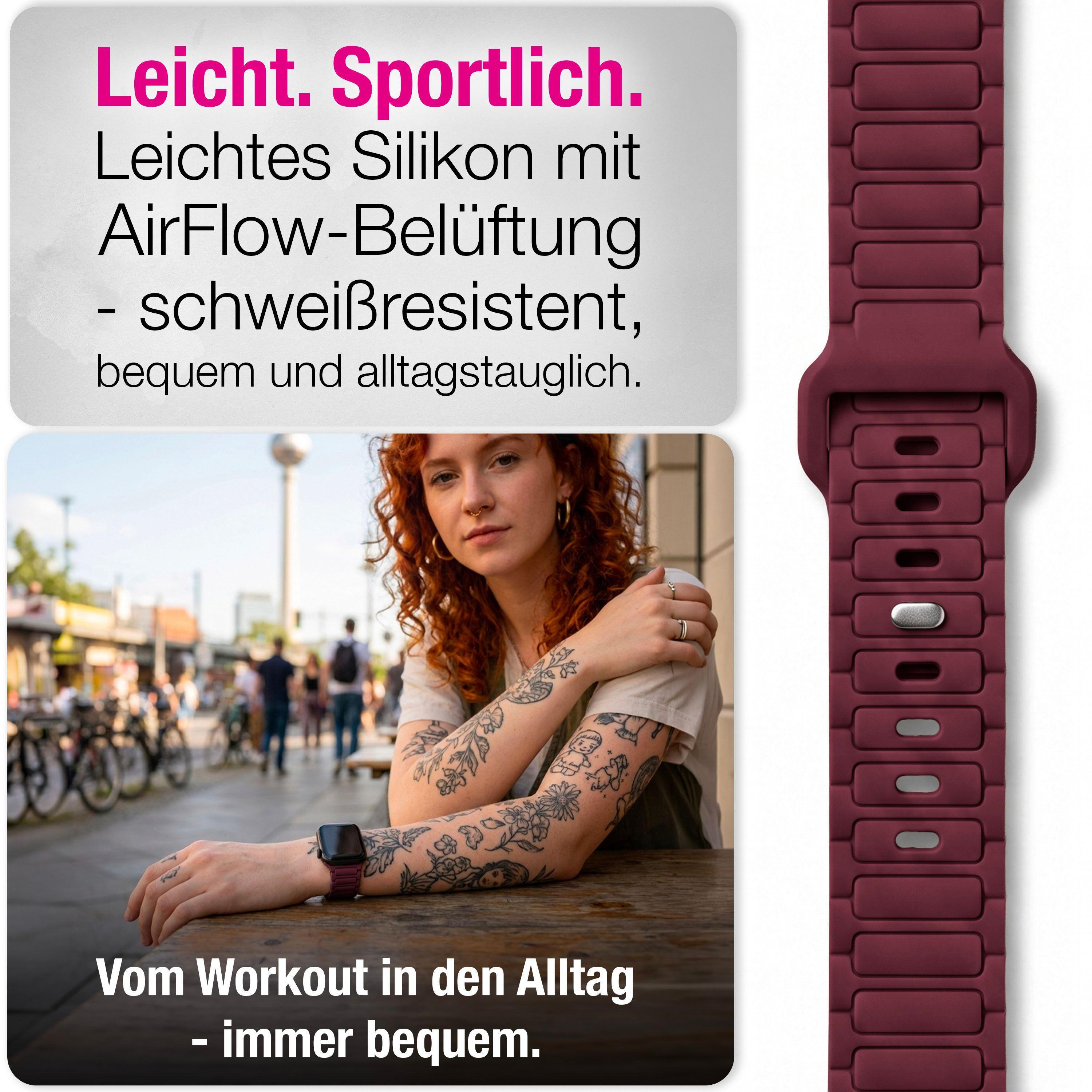 Eine Frau sitzt an einem Tisch mit einer roten Smartwatch, rechts ist das Silikonarmband detailliert abgebildet.