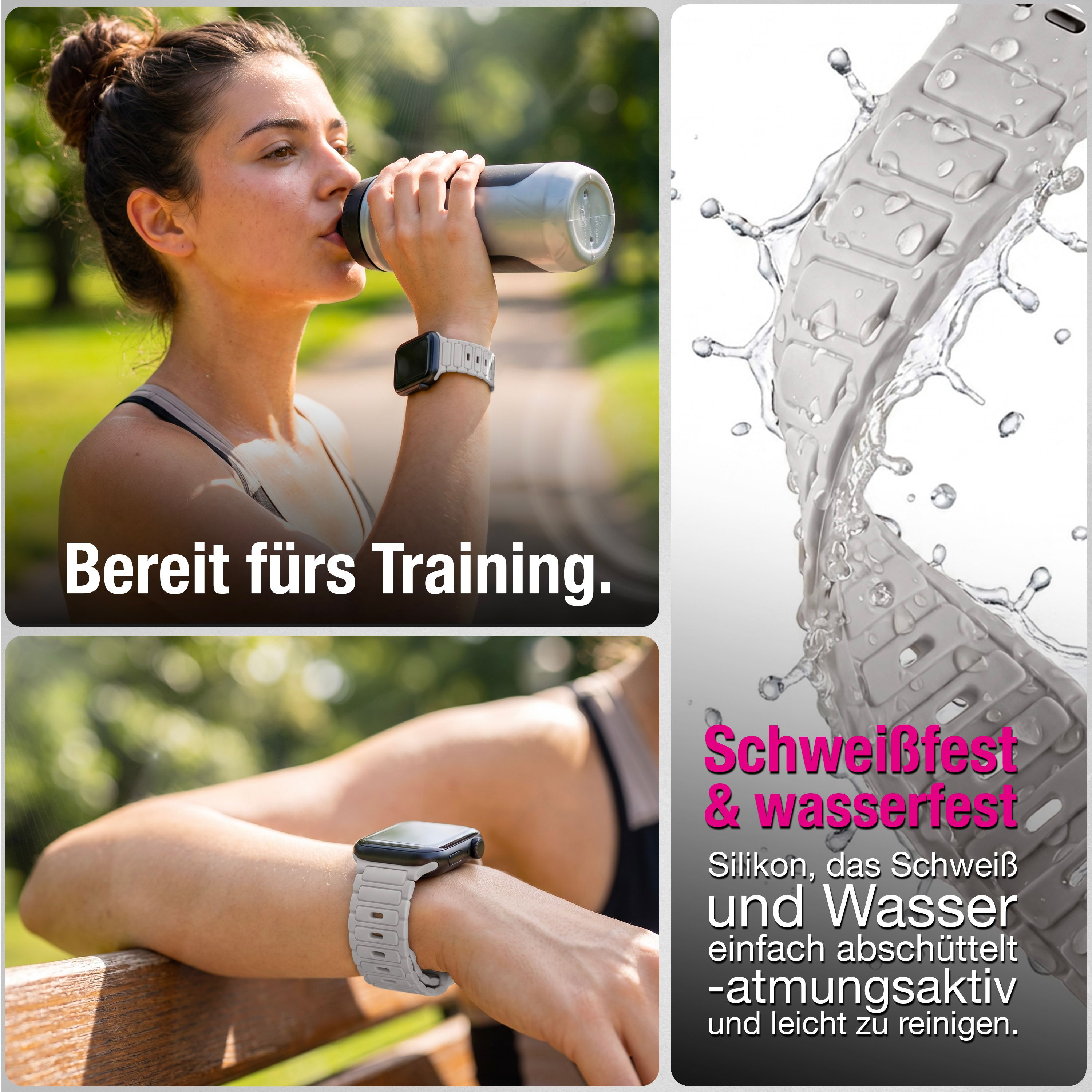 Eine Frau trinkt aus einer Flasche und trägt eine graue Smartwatch mit Silikonarmband, die wasserfest ist.