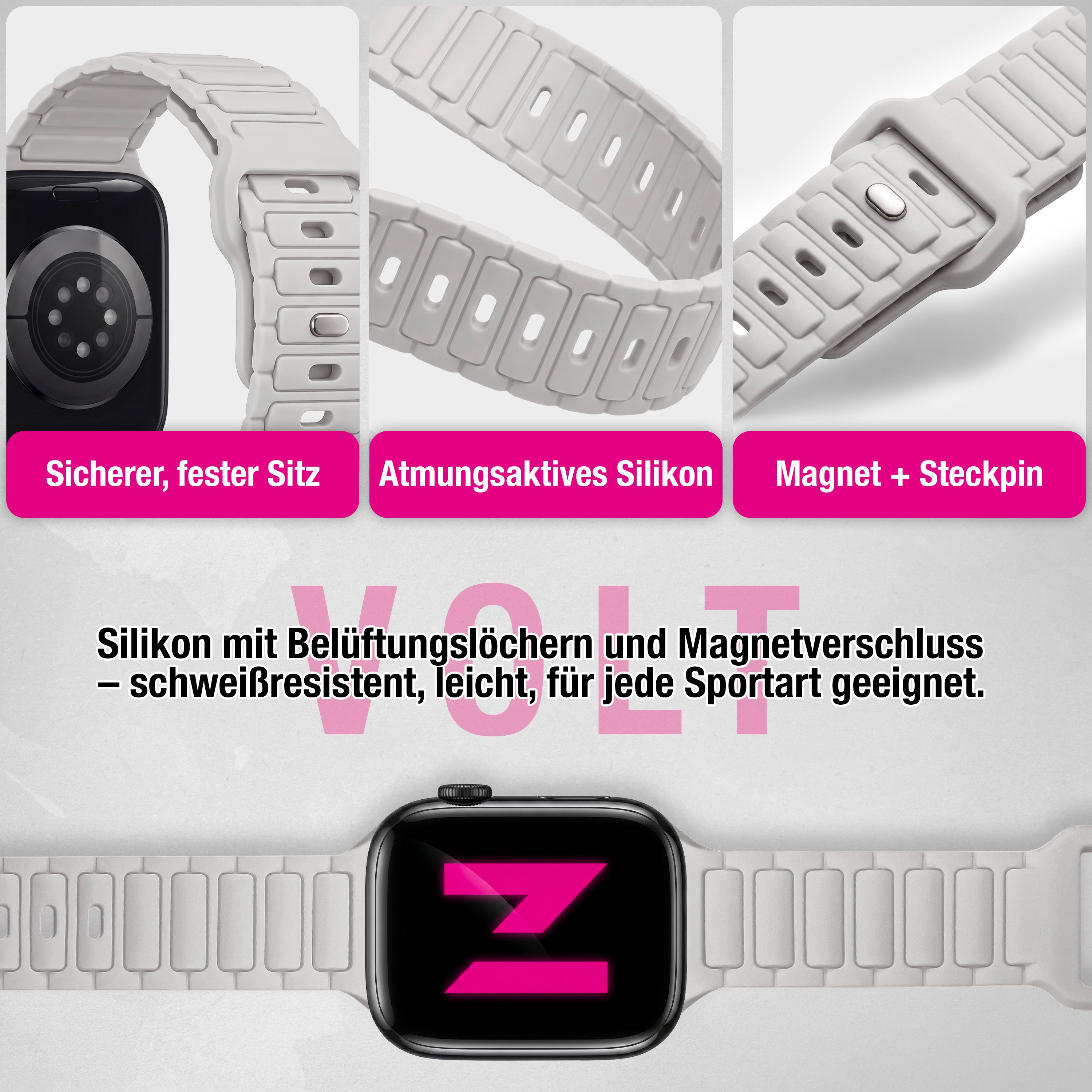 Graues Silikonarmband mit Belüftungslöchern für Smartwatches, schwitzresistent und leicht.