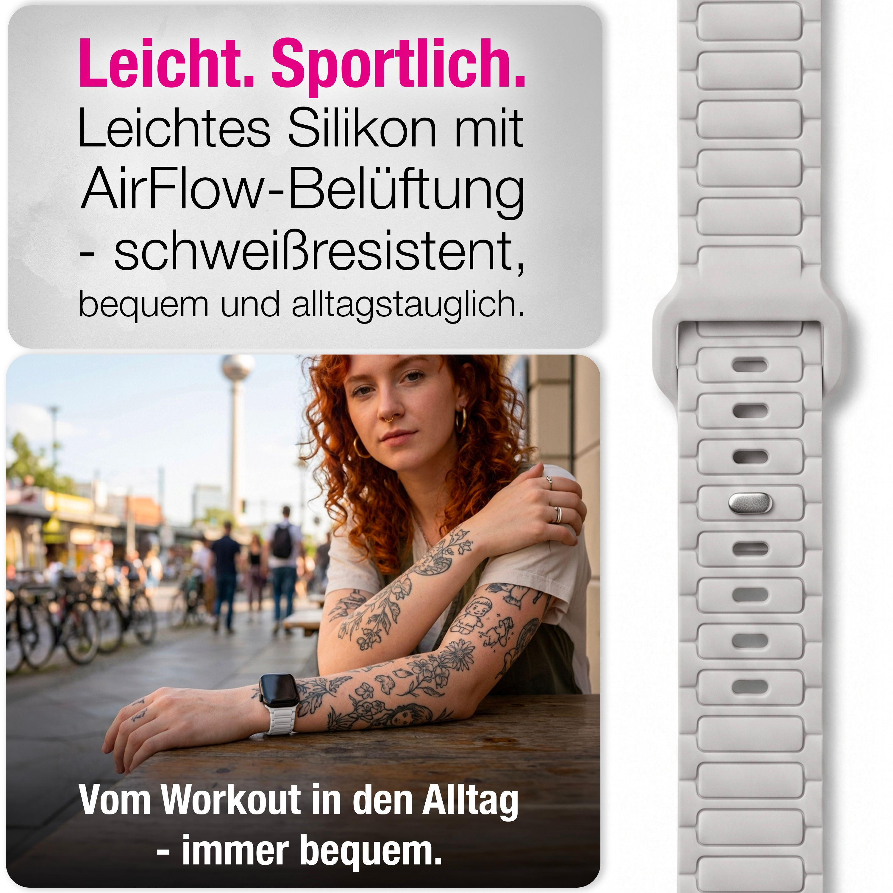 Eine Frau mit roten Haaren trägt eine weiße Sportuhr am Handgelenk in der Stadt.