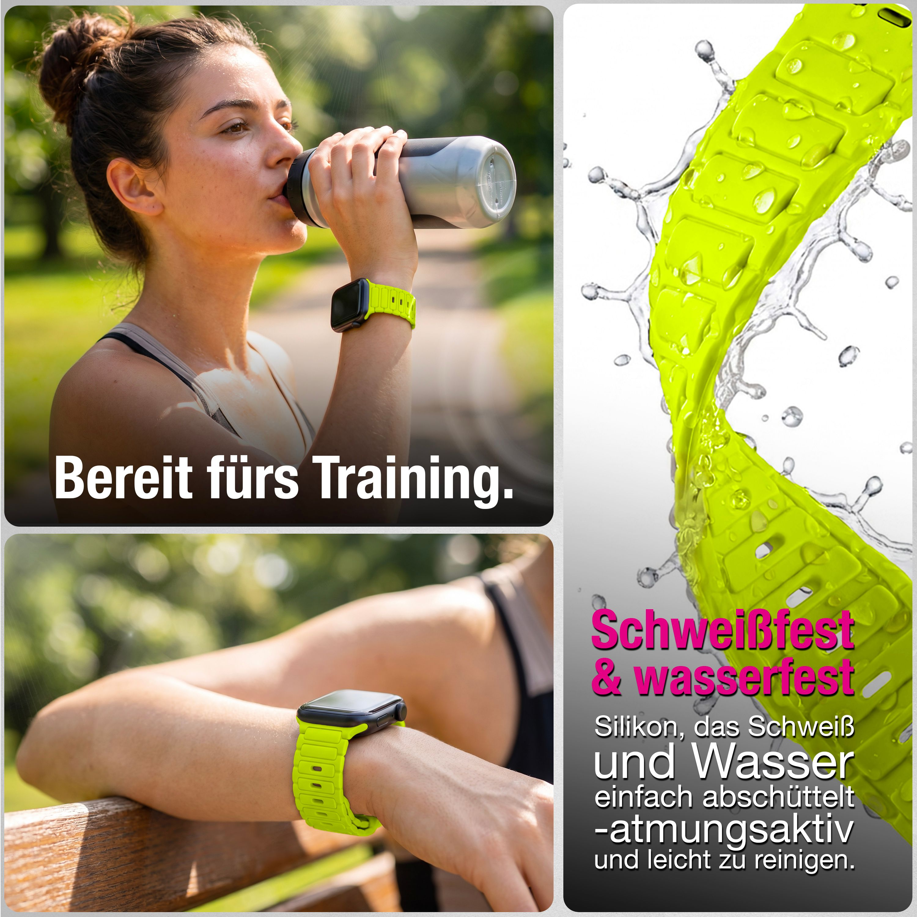 Frau trinkt nach Training; Fokus auf neon-grünes, wasserfestes Uhrenarmband mit Wasserspritzern.