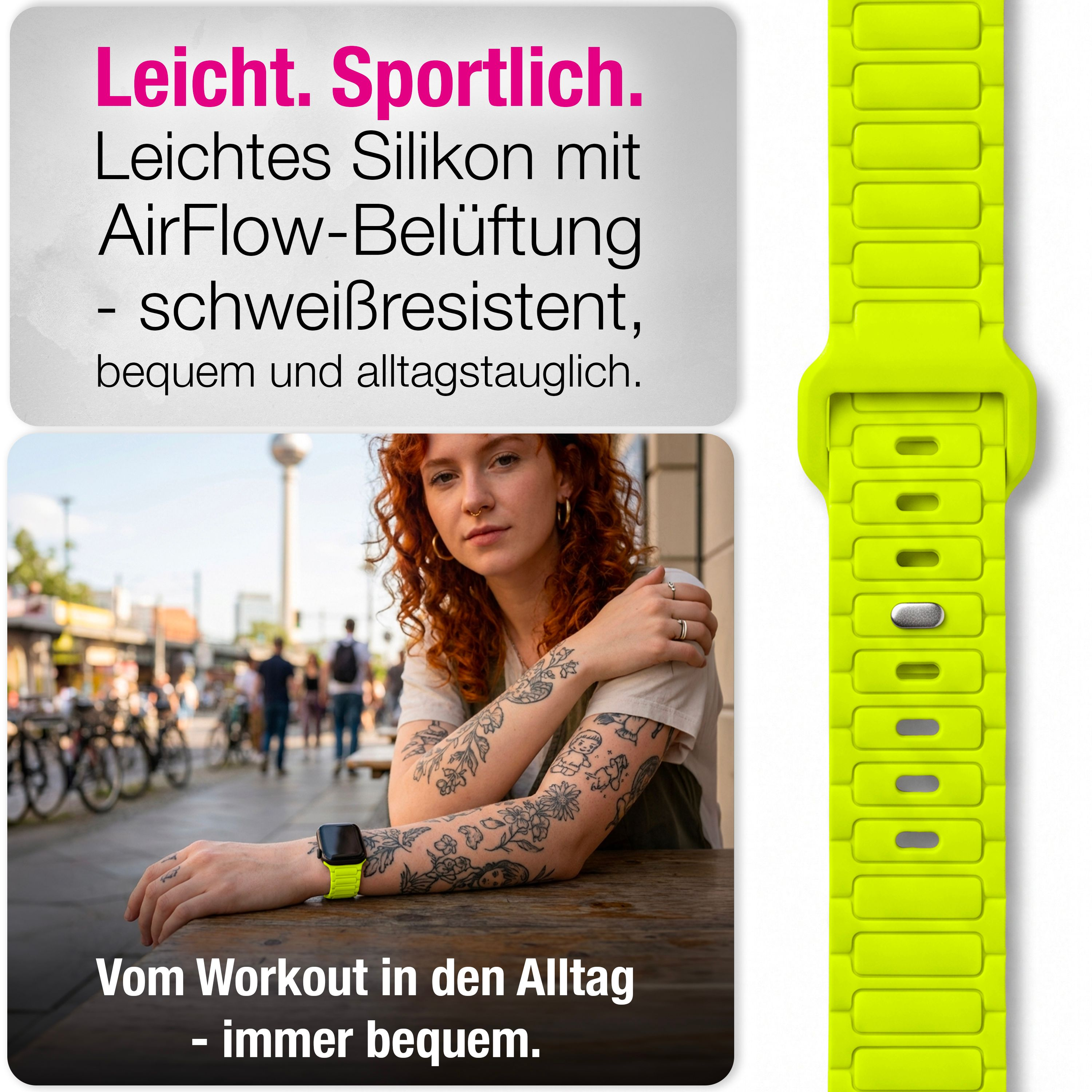 Eine Frau sitzt an einem Holztisch mit einem neongelben Sportarmband an ihrer Smartwatch, Text im Bild.