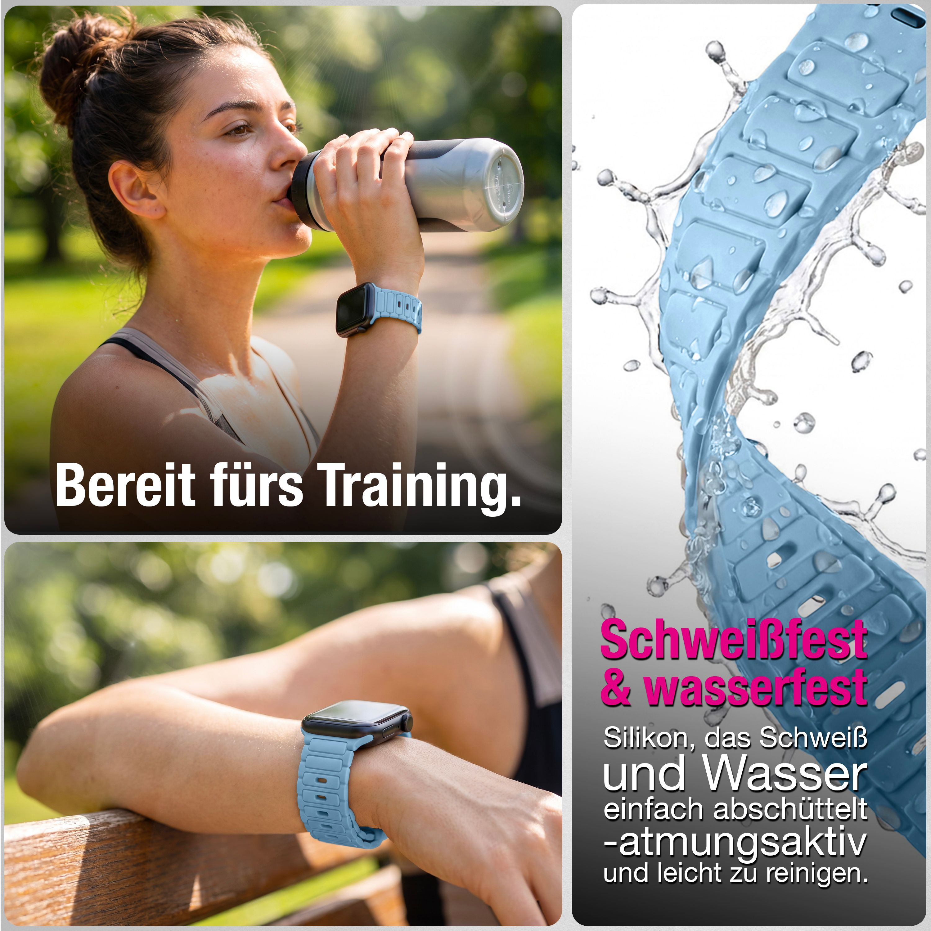 Eine Frau trinkt Wasser mit einer Sportuhr, während eine blaue Silikonarmband mit Wassertropfen gezeigt wird.